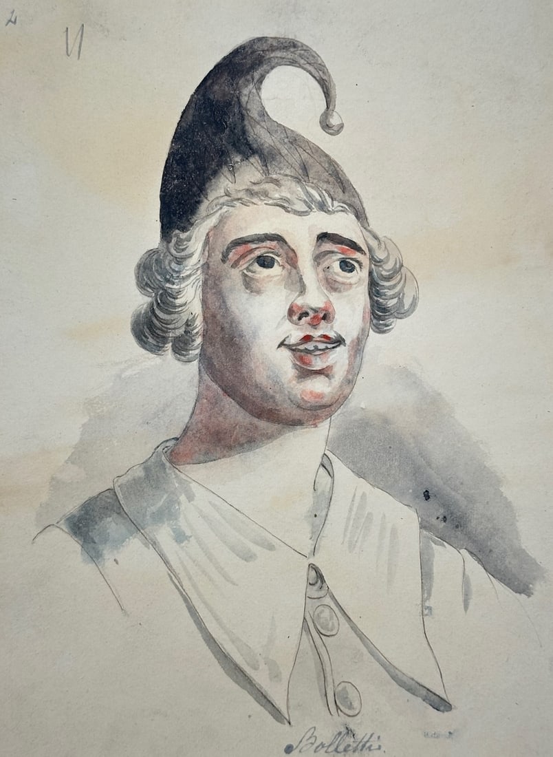 Unknown Artist – Profile Portrait of a Character (Bolletti) – Ink and Wash Drawing (18th: "Profile Portrait of a Character (Bolletti)" presents a theatrical bust portrait depicting a figure wearing a curved, pointed cap with a terminal ball, styled alongside a broad collar and curled hair.