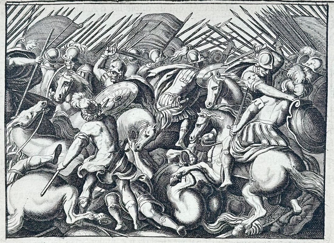 Nicolas Fontaine – Jonathan the High Priest – Engraving (17th Century): "Jonathan the High Priest" presents a dynamic biblical scene depicting a high-density cavalry battle with armored soldiers, raised weapons, and rearing horses. The composition illustrates the historic