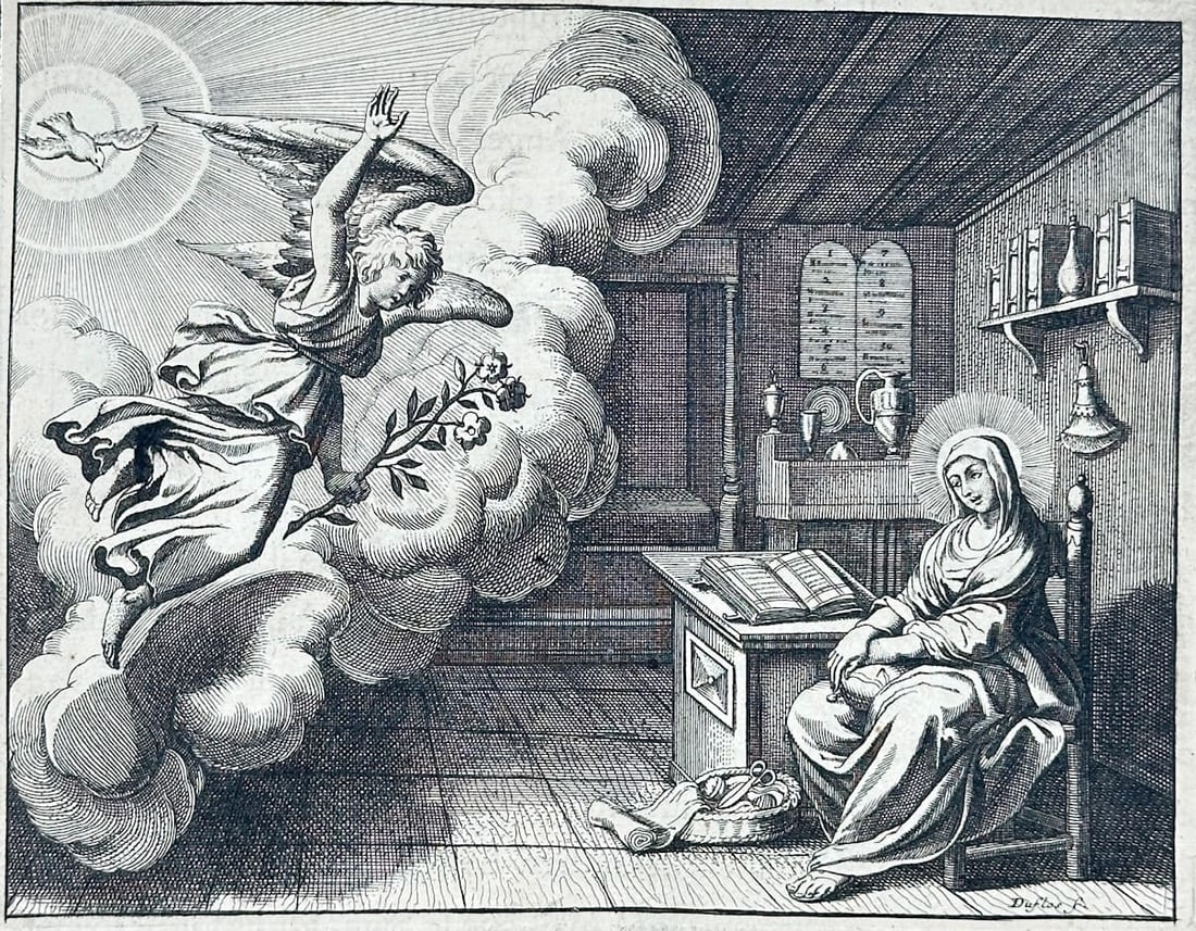 Nicolas Fontaine – Annunciation of the Virgin – Engraving (17th Century): "Annunciation of the Virgin" presents a sacred biblical scene depicting the Archangel Gabriel descending on clouds with a lily branch toward the Virgin Mary seated at a reading desk. The composition i