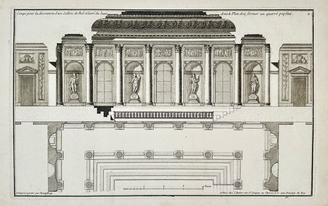 Jean-François de Neufforge – Section and Plan for the Decoration of a Ballroom – Engraving (1 of 2)