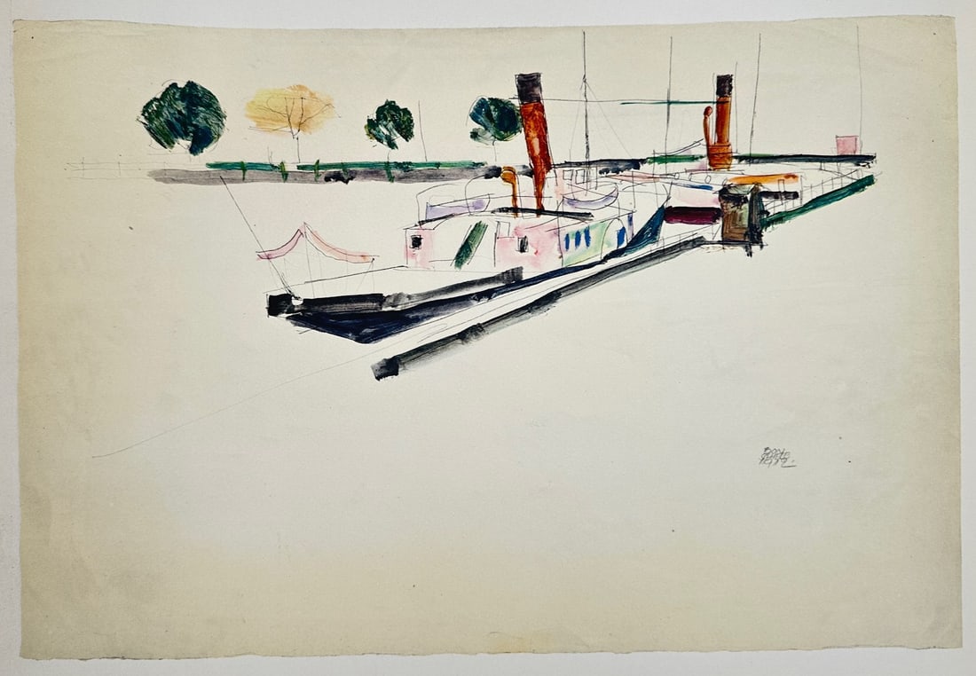 Egon Schiele,after – Steamboats on the Danube – Offset Lithograph (20th Century): "Steamboats on the Danube" presents an expressive maritime study depicting docked steamships along a riverbank lined with trees. The composition combines fluid line work and vibrant color washes set a