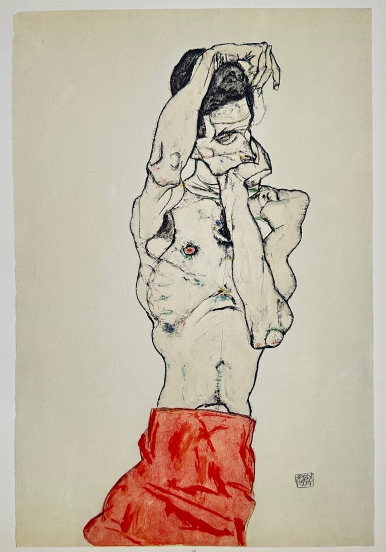 Egon Schiele,after – Self-Portrait with Orange Loincloth – Offset Lithograph (20th Century): "Self-Portrait with Orange Loincloth" presents an expressive figurative study depicting a male nude figure in a dramatic contorted pose wearing a bright orange drape around the waist. The composition 
