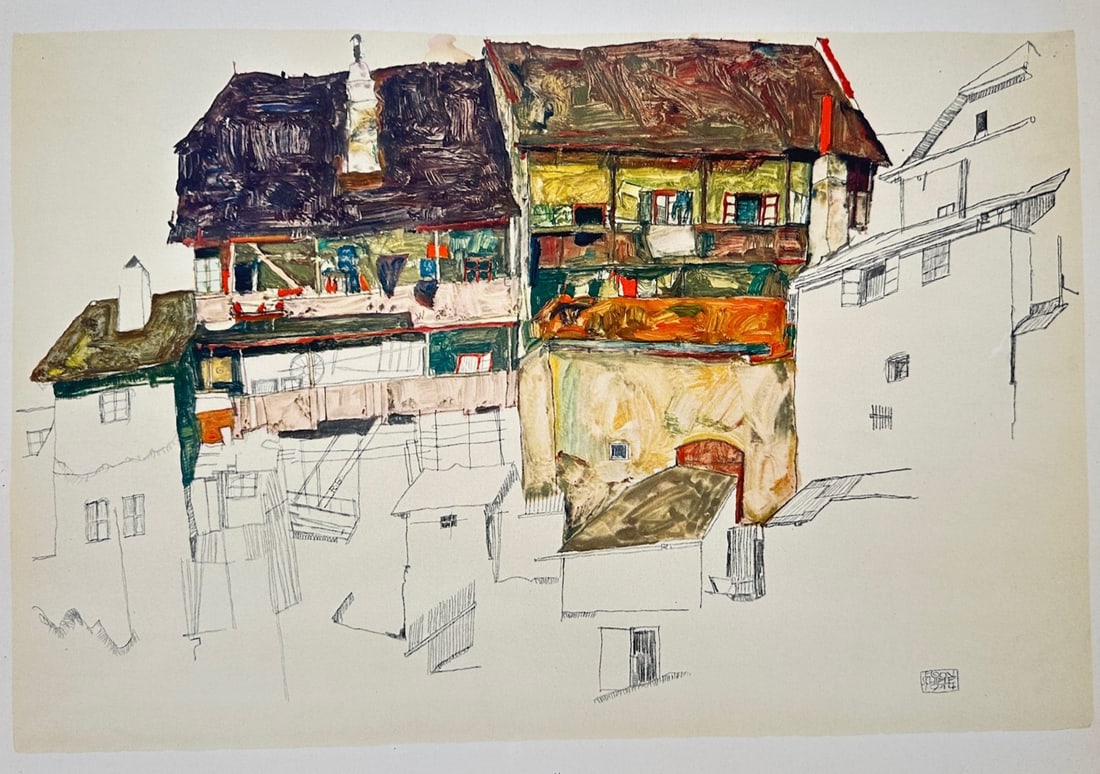 Egon Schiele,after – Old Houses in Krumau – Offset Lithograph (20th Century): "Old Houses in Krumau" presents an architectural study depicting traditional houses with wooden balconies, steep roofs, and exposed structural beams set against minimalist line drawings of surrounding