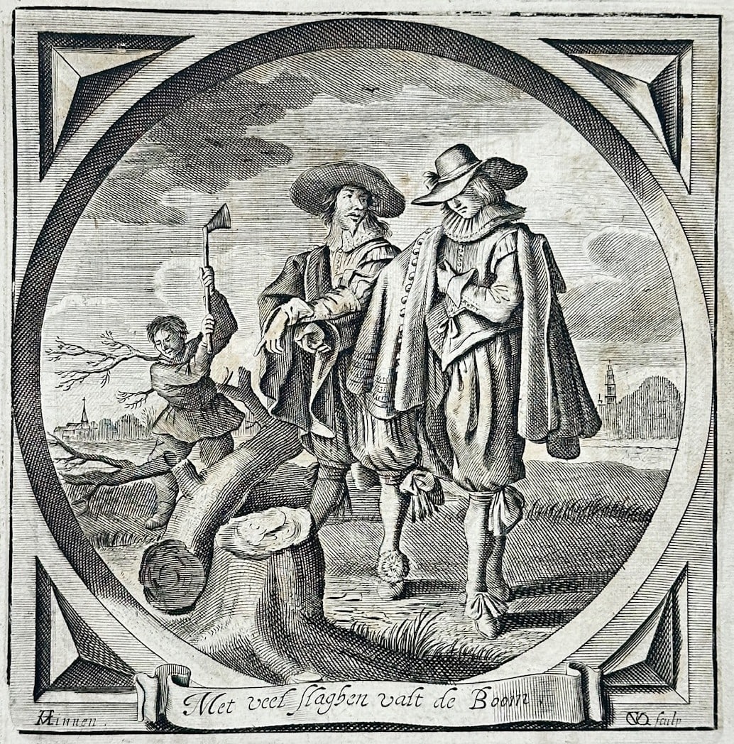 Jacob Cats – Honorable Courtship (Eerlicke Vryagie) – Engraving (17th Century): "Honorable Courtship (Eerlicke Vryagie)" presents an emblematic scene depicting two elegantly dressed men conversing in a landscape while a woodcutter chops down a large tree in the background, set wi