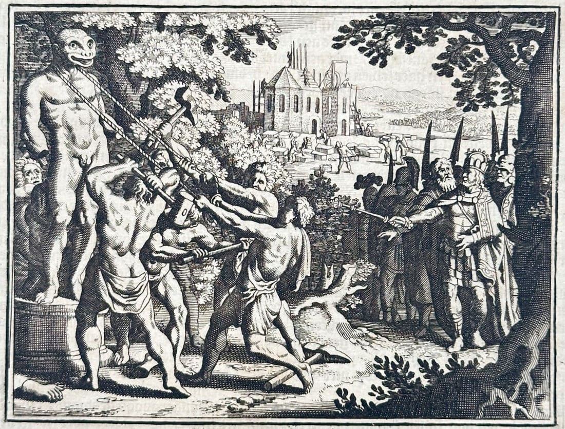 Johann Ludwig Gottfried – Destruction of the Idol Crodo by Charlemagne – Engraving (1698) (1 of 2)
