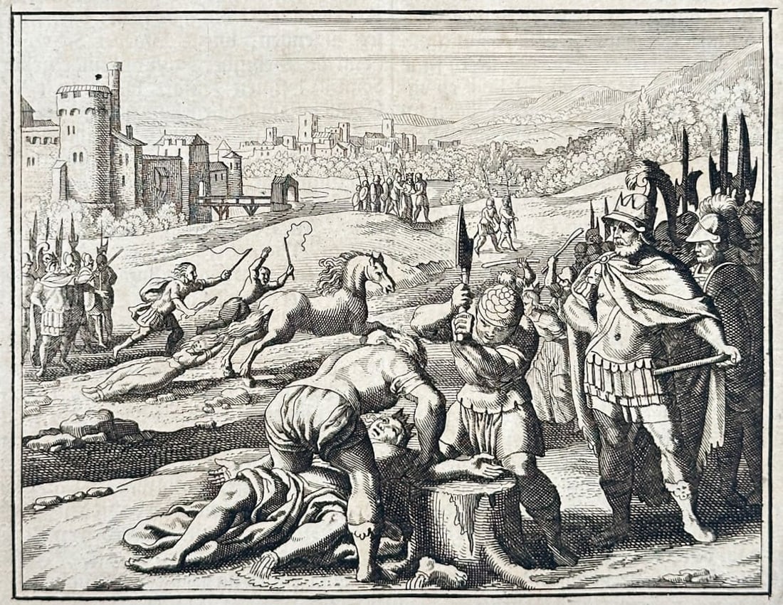 Johann Ludwig Gottfried – Execution of Queen Brunhilda – Engraving (1698): "Execution of Queen Brunhilda" depicts the dramatic multi-stage execution of the Frankish queen under the order of King Clotaire II, set beneath Dutch typography detailing the historical demise of Mer