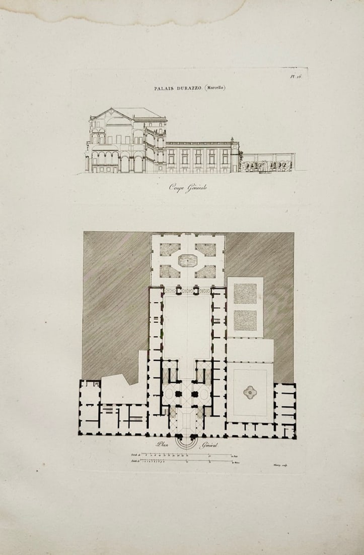 Martin-Pierre Gauthier – General Section and Plan of Palazzo Durazzo – Engraving (19th Century): "General Section and General Plan" depicts an architectural study featuring a longitudinal cross-sectional elevation set above a comprehensive floor plan layout of Palazzo Durazzo in Genoa (Palais Dur