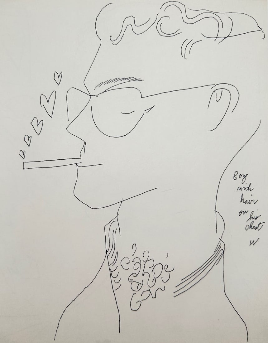 Andy Warhol,after – Profile of a Smoking Young Man – Offset lithographic reproduction (2006): "Profile of a Smoking Young Man" presents an expressive line drawing depicting a male figure wearing glasses and holding a cigarette surrounded by stylized heart motifs, published in the comprehensive