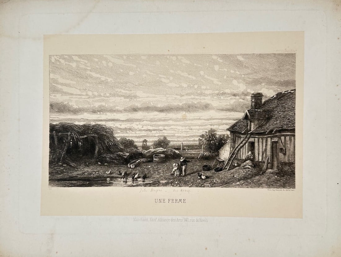 Louis Marvy – A Farm – Etching (19th Century): "A Farm" presents a rustic pastoral landscape depicting a rural farmstead with a thatched-roof cottage, farmhands, and poultry near a pond under a wide sky, after a composition by Jules Dupré. Louis 