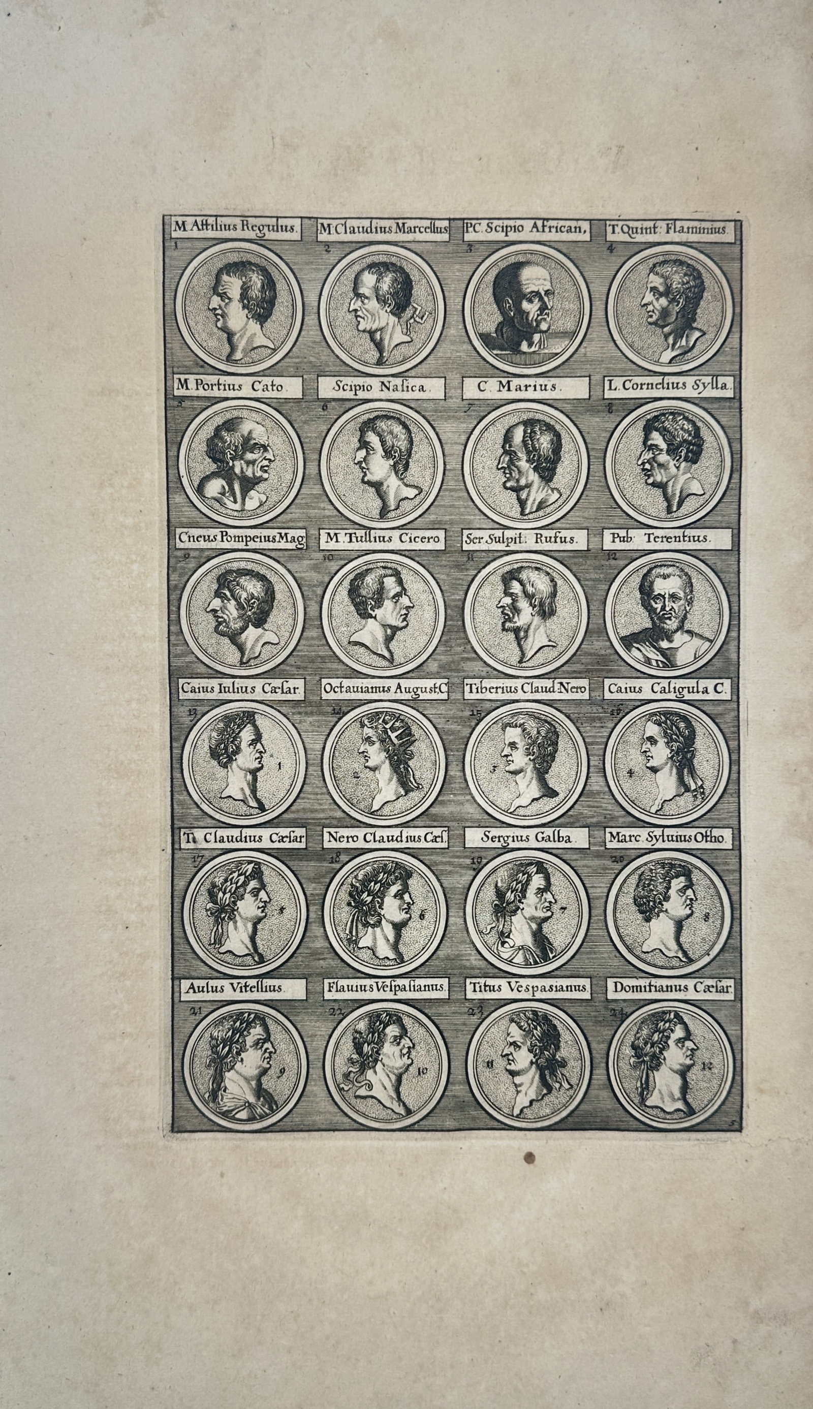 François Valentijn – Portraits of Roman Statemen and Emperors – Engraving (18th Century): "Portraits of Roman Statesmen and Emperors" features a grid of circular medallion portraits depicting notable figures from Roman history, including Julius Caesar, Augustus, and Cicero. The print serve