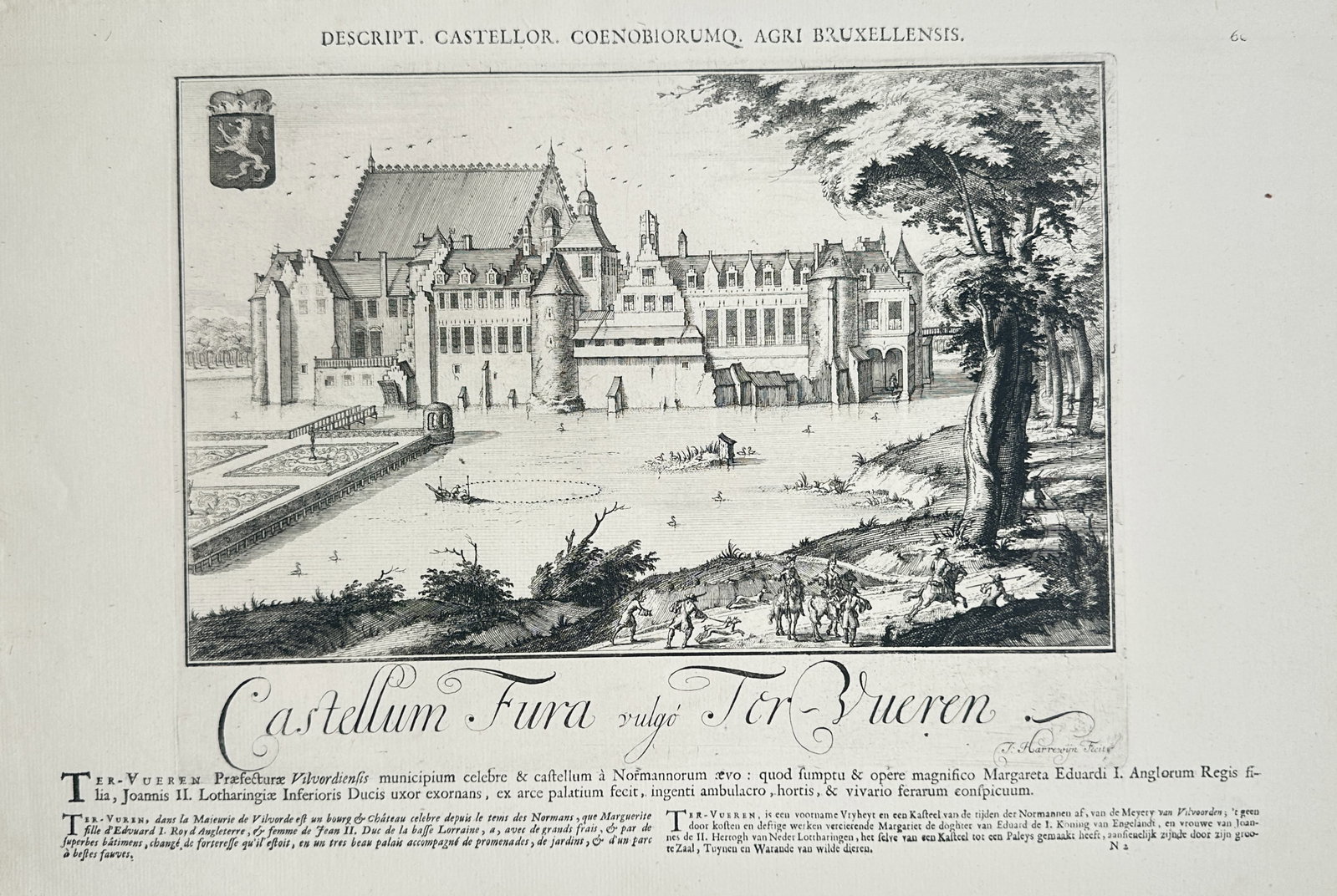 Jacques Le Roy – Castle of Tervuren – Engraving (1705): "Castellum Fura vulgo Ter-Vueren" depicts a view of Tervuren Castle surrounded by moat waters, manicured gardens, and figures in the foreground. The artwork serves as a topographical landscape study i