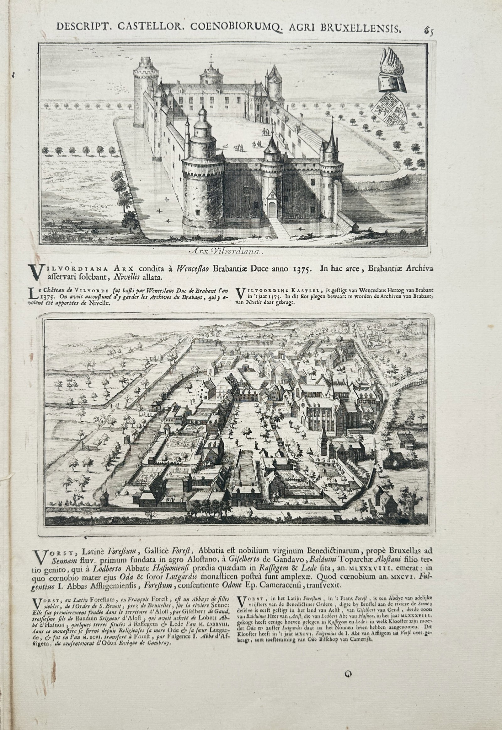 Jacques Le Roy – Castle of Vilvoorde and Abbey of Forest – Engraving (1705): "Arx Vilvordiana / Vorst" depicts topographical bird's-eye views of the Castle of Vilvoorde and the Benedictine Abbey of Forest accompanied by heraldic crests and historical explanatory text in Latin,