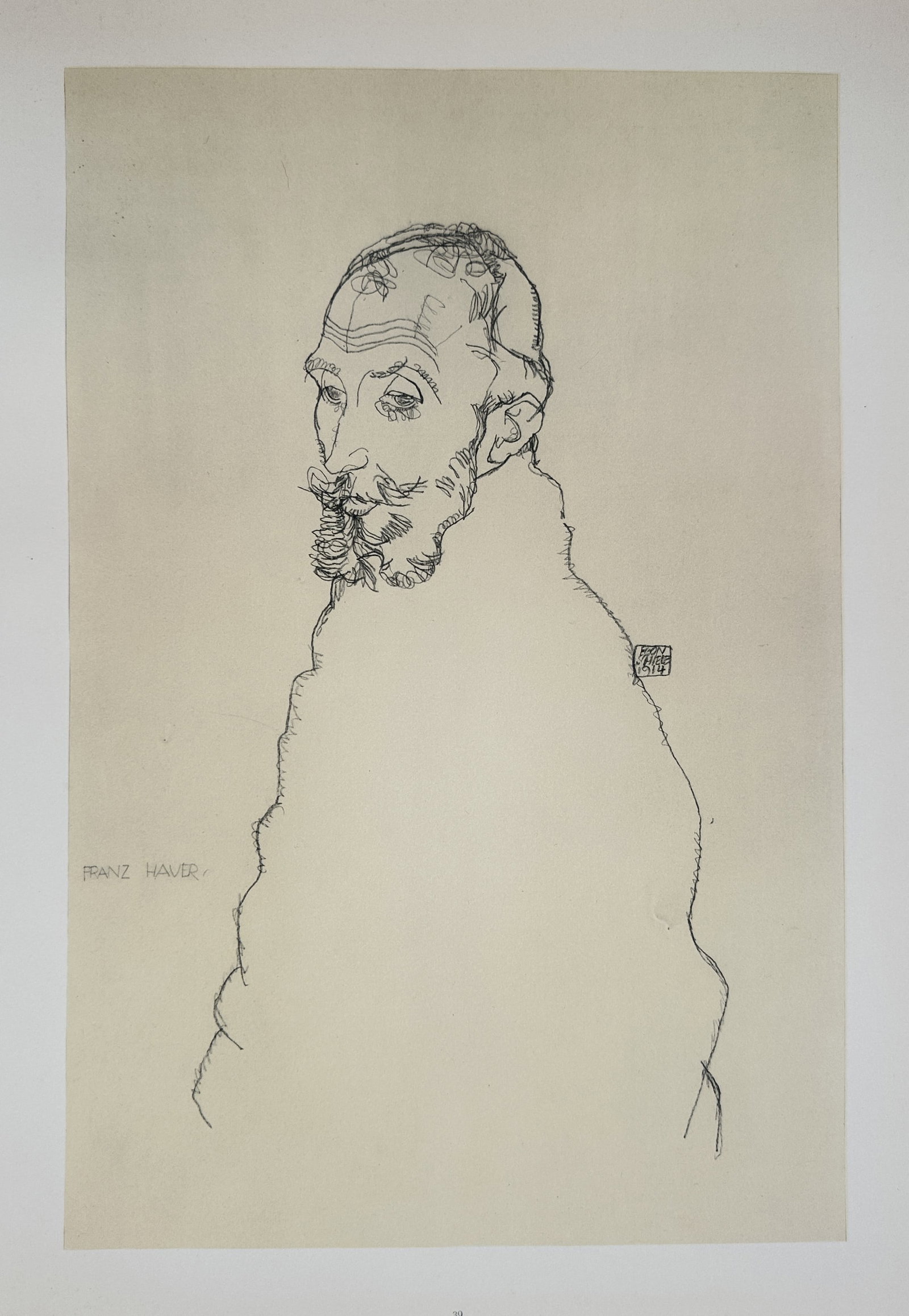 Egon Schiele,after – Portrait of Franz Hauer – Offset Lithograph (20th Century): "Portrait of Franz Hauer" depicts a expressively drawn line portrait of the Viennese art collector Franz Hauer rendered with detailed facial contours and a simplified draped cloak. The artwork serves 