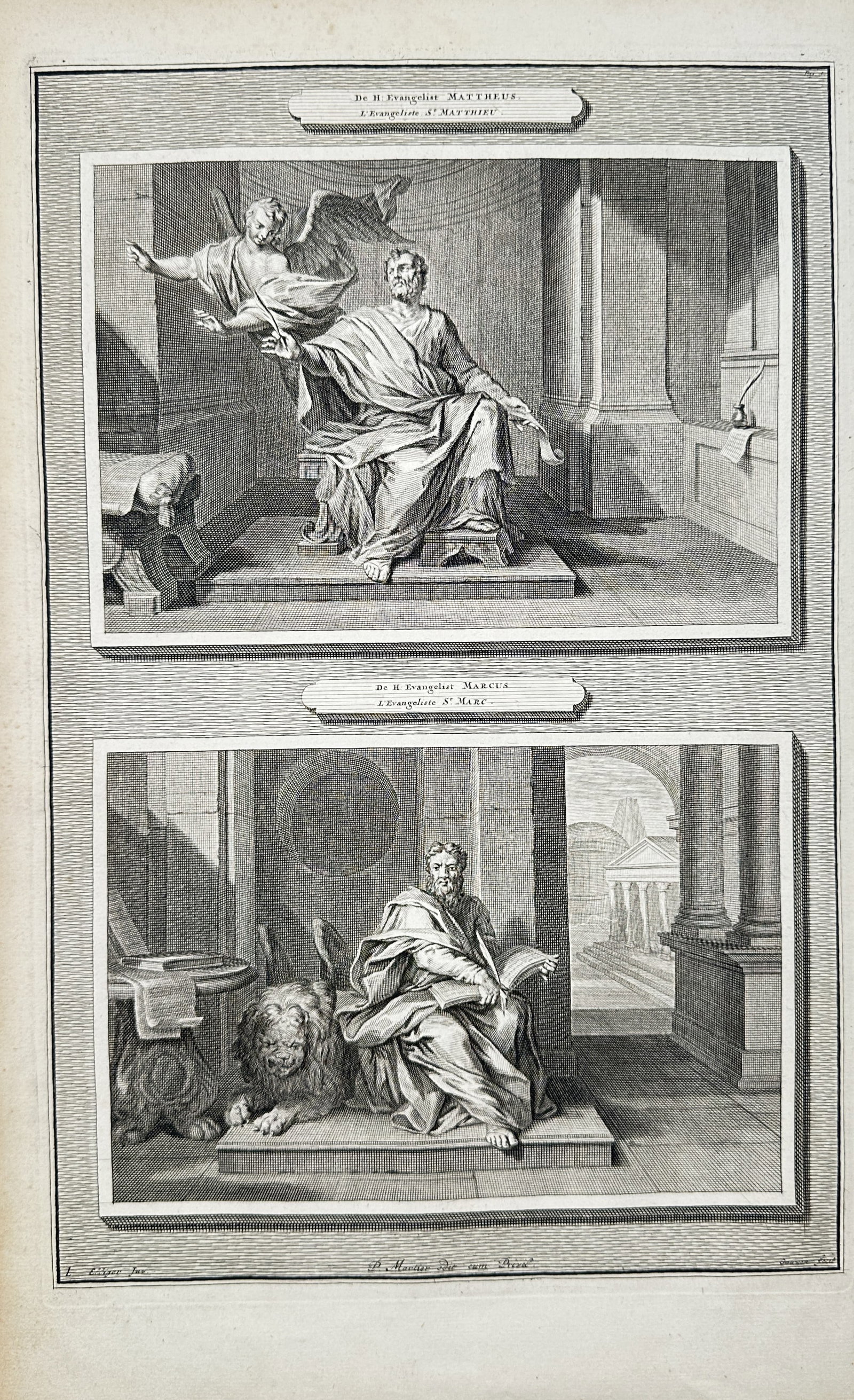 Pierre Mortier – Study of Saint Matthew and Saint Mark – Engraving (18th Century): "Saint Matthew and Saint Mark" depicts two gospel writers seated in architectural interiors accompanied by their traditional symbols including a winged angel and a winged lion. The artwork serves as a