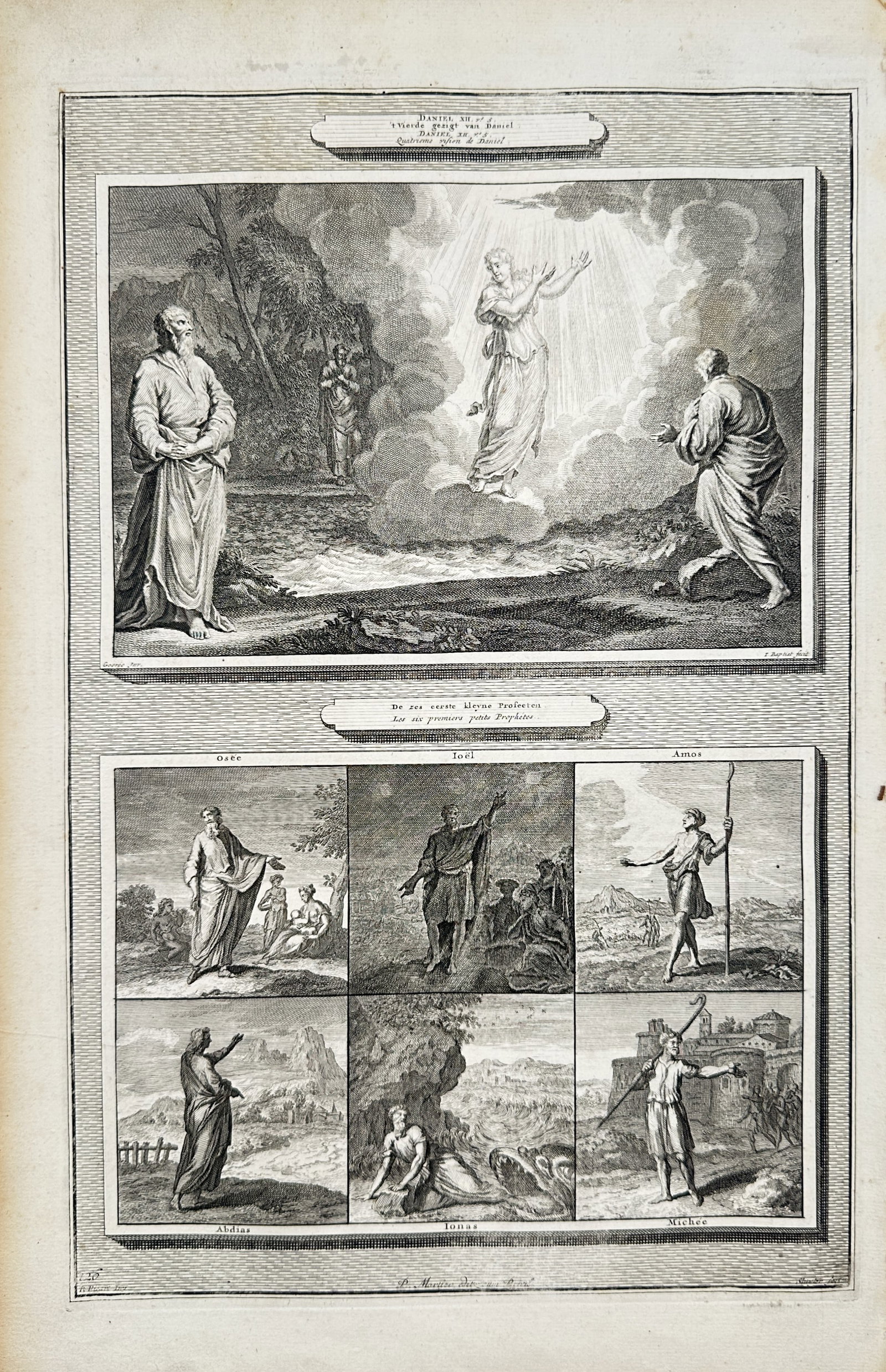 Pierre Mortier – Biblical Scenes of Daniel and the Minor Prophets – Engraving (18th Century): "Vision of Daniel and the Minor Prophets" depicts the prophet Daniel beholding a heavenly vision alongside six vignettes showcasing various minor prophets set within scenic landscapes. The artwork ser