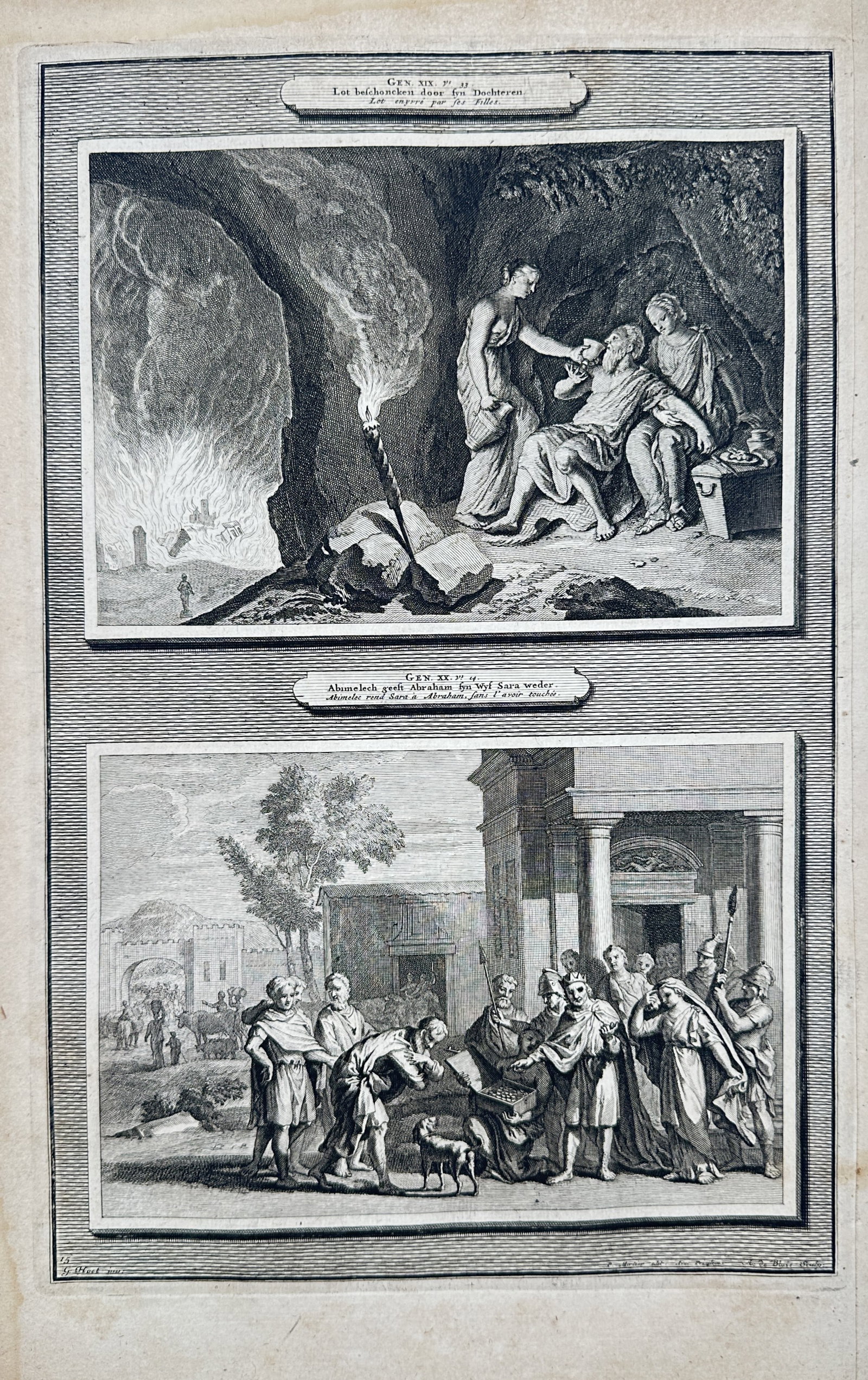 Pierre Mortier – Biblical Scenes of Lot and Abimelech – Engraving (18th Century) (1 of 2)