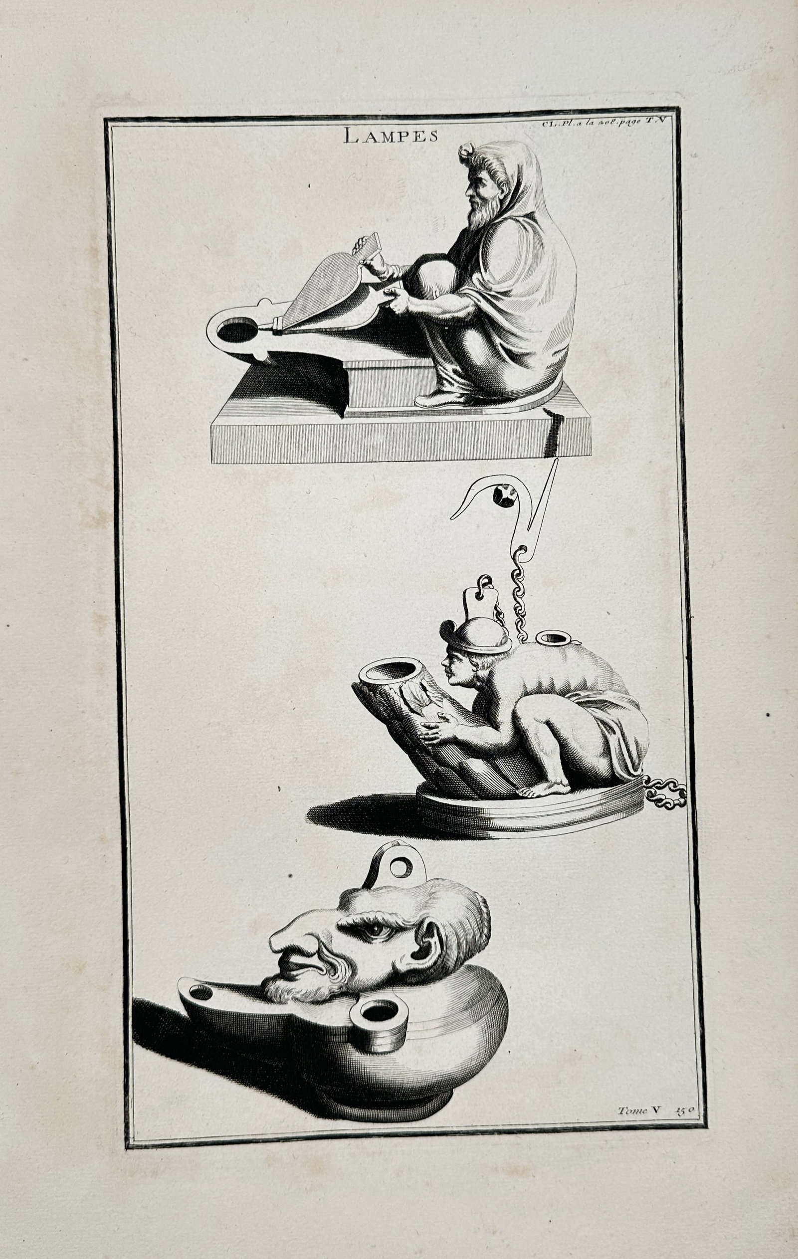 Bernard de Montfaucon – Ancient Oil Lamps – Engraving (18th Century): "Lampes" presents an antiquarian study illustrating various ornate ancient terracotta and bronze oil lamps featuring figurative and grotesque sculptural designs. Published in Paris during the eighteen