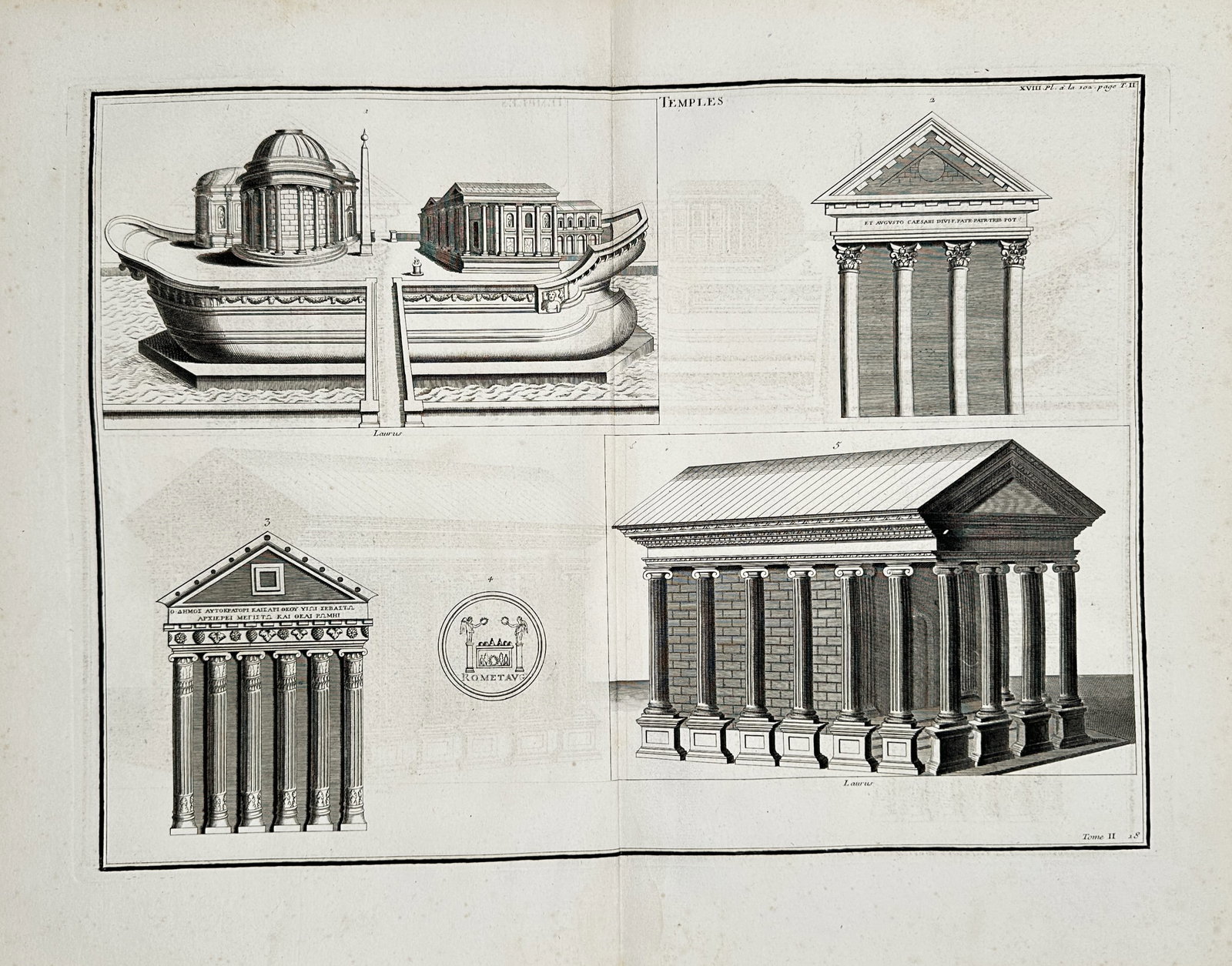 Bernard de Montfaucon – Ancient Temples – Engraving (18th Century): "Temples" presents an architectural survey illustrating classical temple structures, facades, and symbolic sacred monuments. Published in Paris during the eighteenth century as part of Bernard de Mont