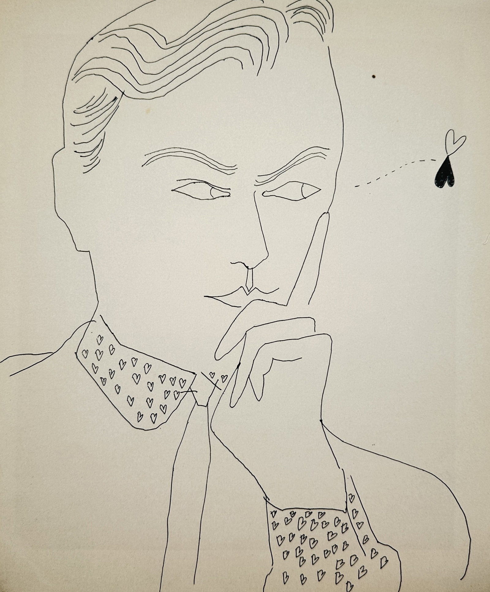 Andy Warhol,after – Man with Heart Patterned Collar and Cuffs – Offset lithographic reproduction: "Man with Heart Patterned Collar and Cuffs" presents a minimal line drawing depicting a thoughtful male portrait with hand resting near his chin, detailed with small heart patterns on the collar and c