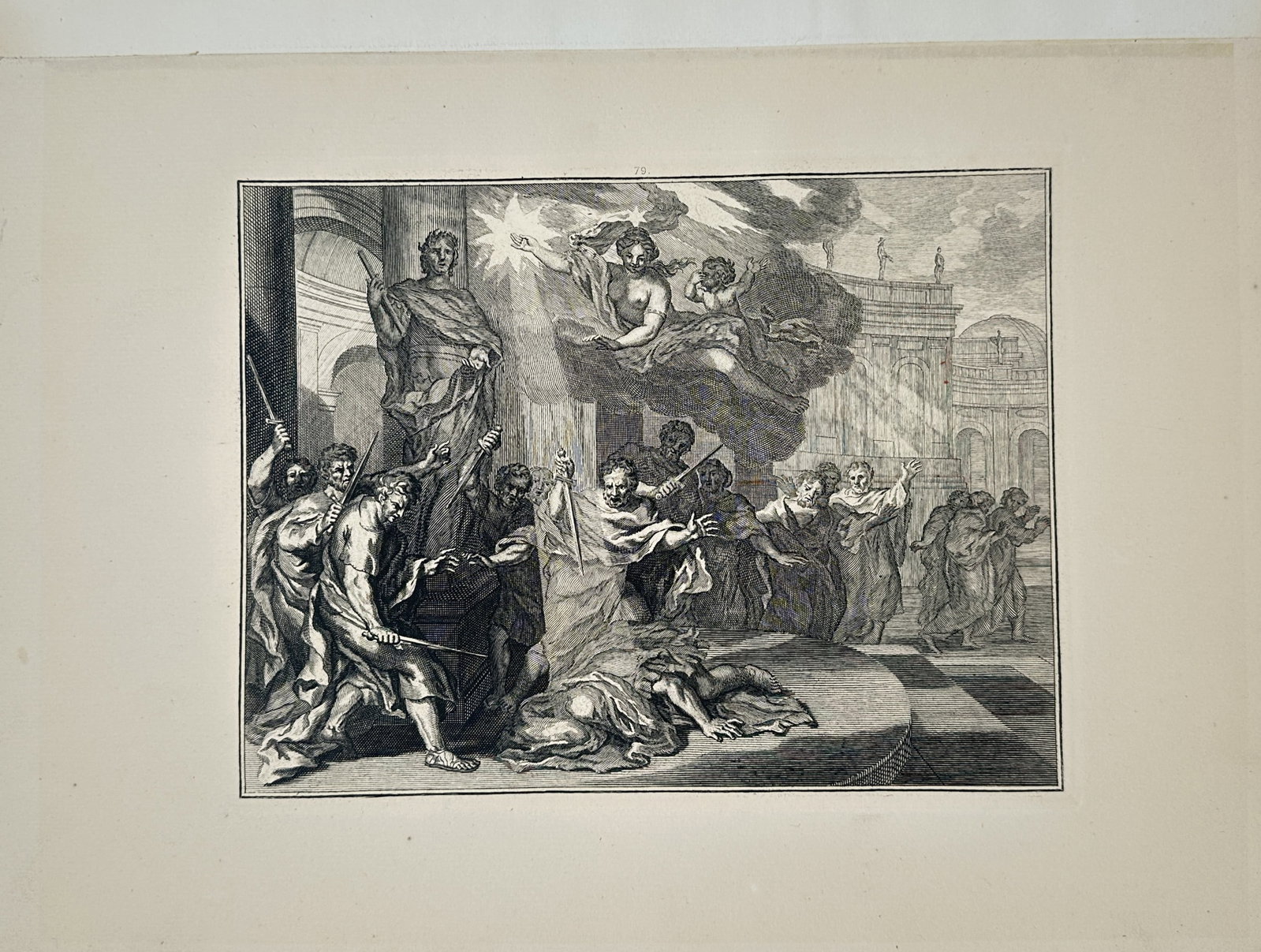 Martin Bouché – Classical Scene with Figures and Celestial Vision – Engraving (17th Century) (1 of 2)