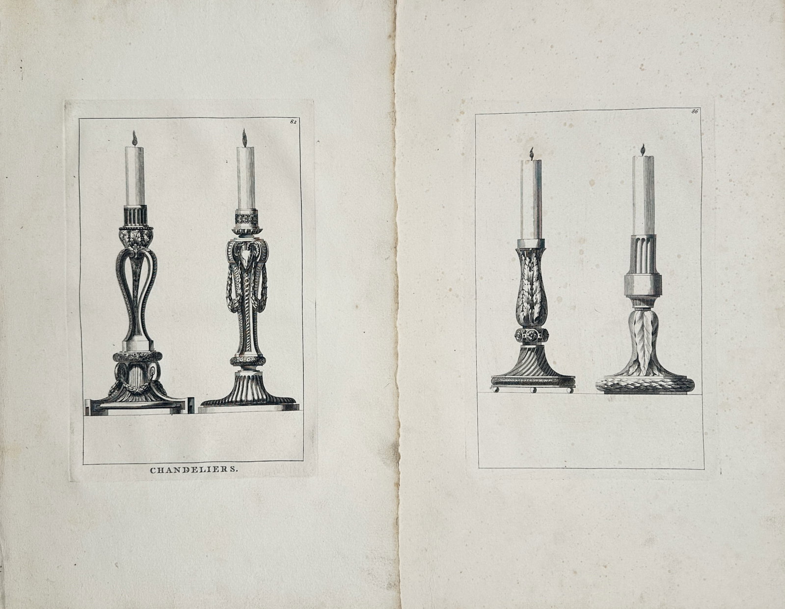 Jean-Charles Delafosse – Set of 2: Neoclassical Candlestick Designs – Engravings (18th Century): "Candlesticks" presents a set of decorative arts studies illustrating ornate Neoclassical candlestick designs embellished with acanthus foliage, fluting, festoons, and sculptural moldings. The composi