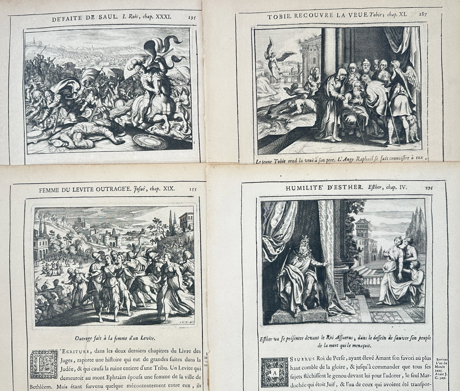 Nicolas Fontaine – Set of 4: Biblical Narratives of the Old Testament and Apocrypha – Engravings: "Defeat of Saul, Tobit Recovers His Sight, Outrage to the Levite's Wife, and Humility of Esther" presents a set of seventeenth-century biblical narrative studies illustrating key Old Testament and deu