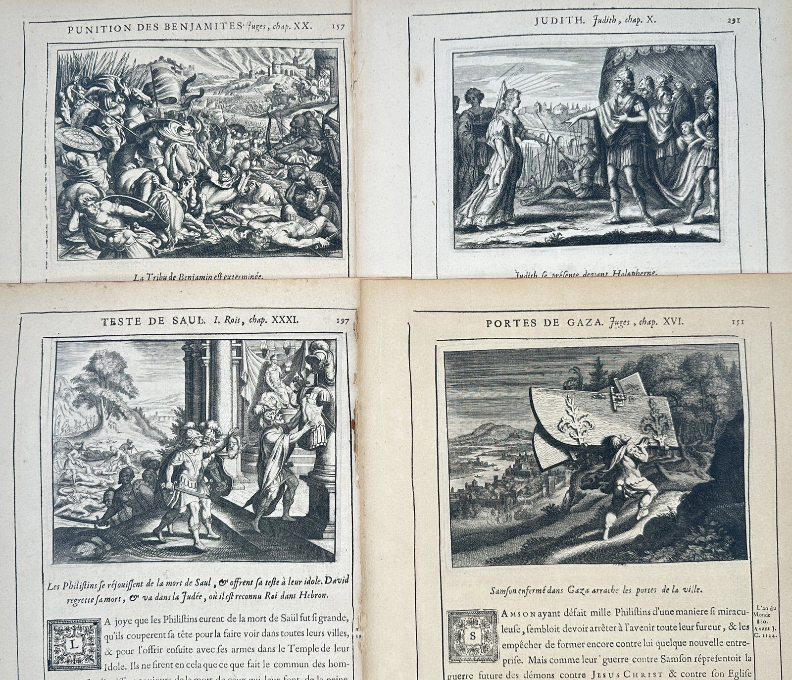 Nicolas Fontaine – Set of 4: Biblical Scenes of the Benjamites, Judith, Saul – Engraving: "Punishment of the Benjamites, Judith, Head of Saul, and Gates of Gaza" presents seventeenth-century biblical narrative studies illustrating key Old Testament and deuterocanonical episodes accompanied