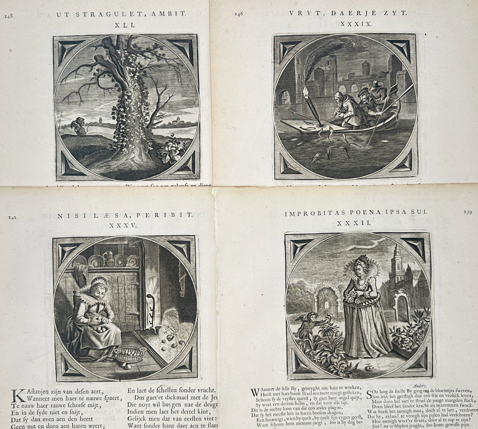 Jacob Cats – Set of 4: Moral and Didactic Emblem Studies – Engravings (17th Century): "That It May Stifle It Embraces, Court Where You Are, Unless Injured It Will Perish, and Wickedness Is Its Own Punishment" presents a set of seventeenth-century Dutch moralistic emblem studies illustr