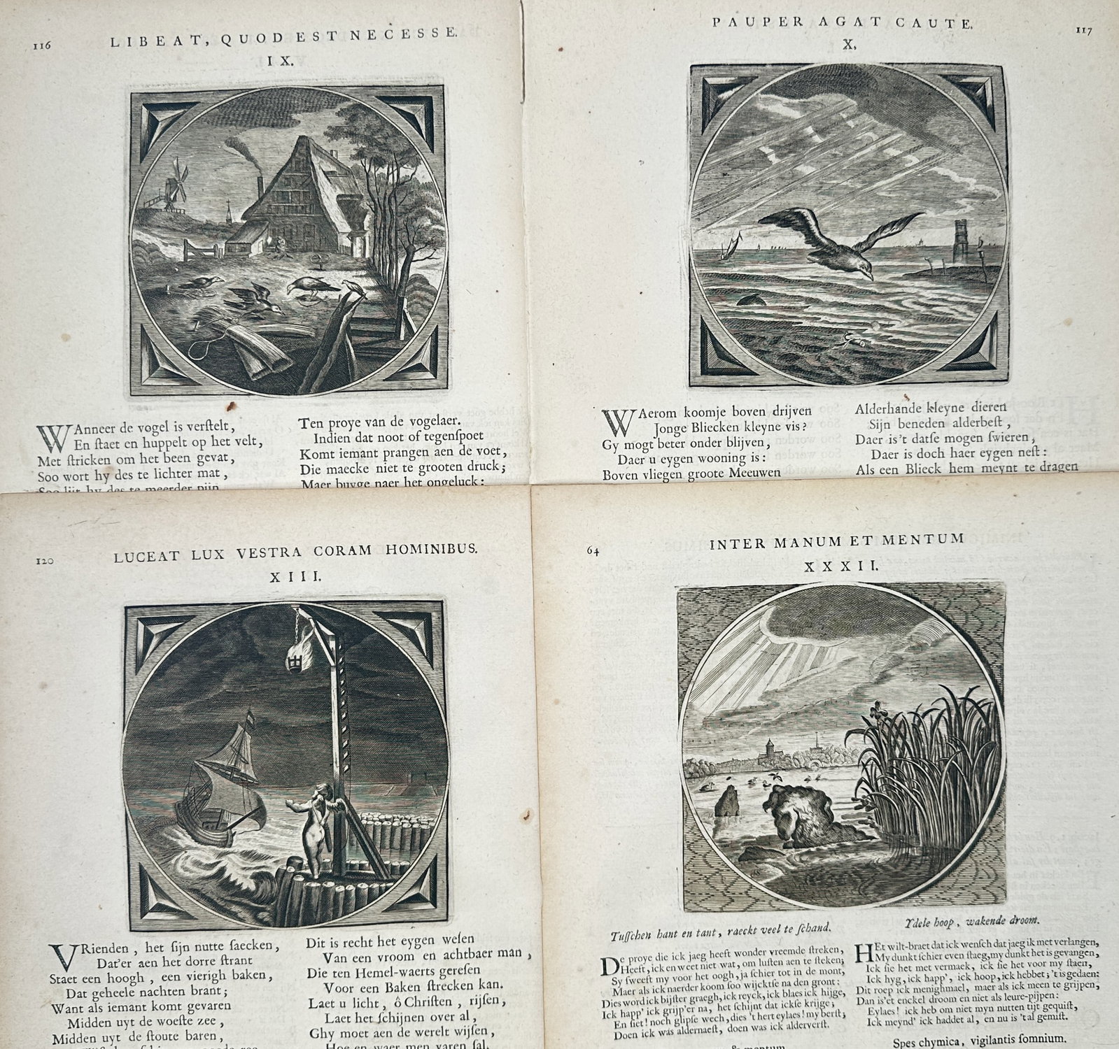 Jacob Cats – Set of 4: Allegorical Emblems of Birds, Seabirds, Coastal Beacons – Engravings (1 of 2)