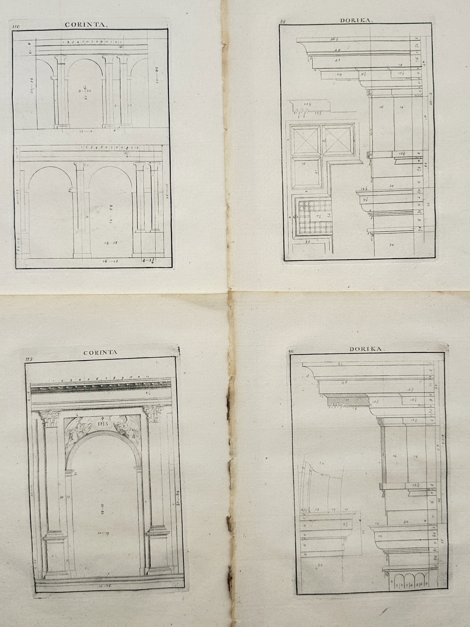 François Blondel – Set of 4: Classical Architectural Studies of Corinthian and Portals –: "Corinthian and Doric Orders" presents a set of architectural studies illustrating classical colonnades, arched gateways, ornamental portals, and entablature moldings with detailed proportional measur