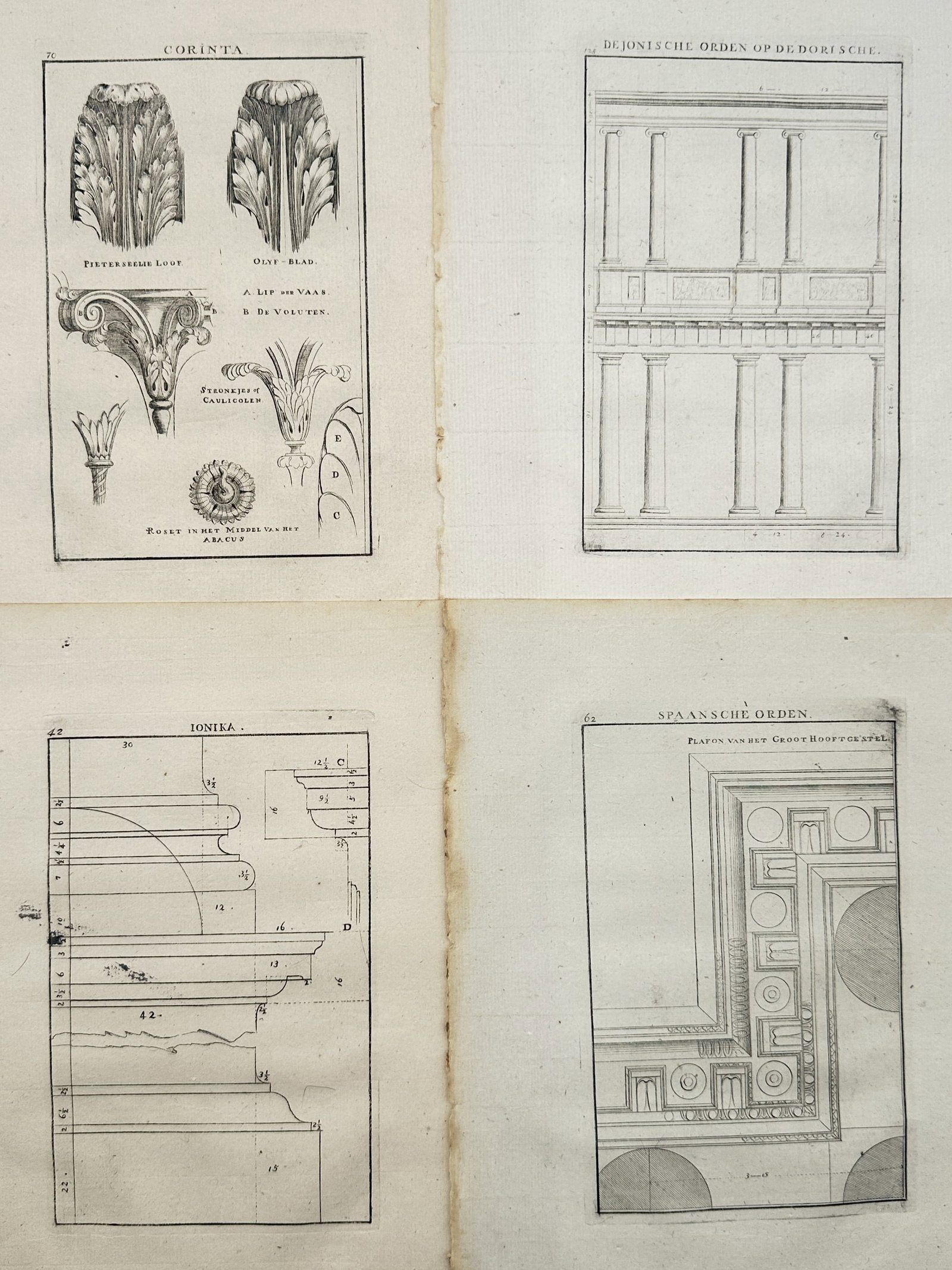 François Blondel – Set of 4: Classical Architectural Elements of Foliage – Engravings (18th: "Corinthian Foliage, Ionic Order upon Doric, Ionic Moldings, and Spanish Order Ceiling" presents a set of architectural studies illustrating classical acanthus leaf ornamentation, two-tiered colonnade
