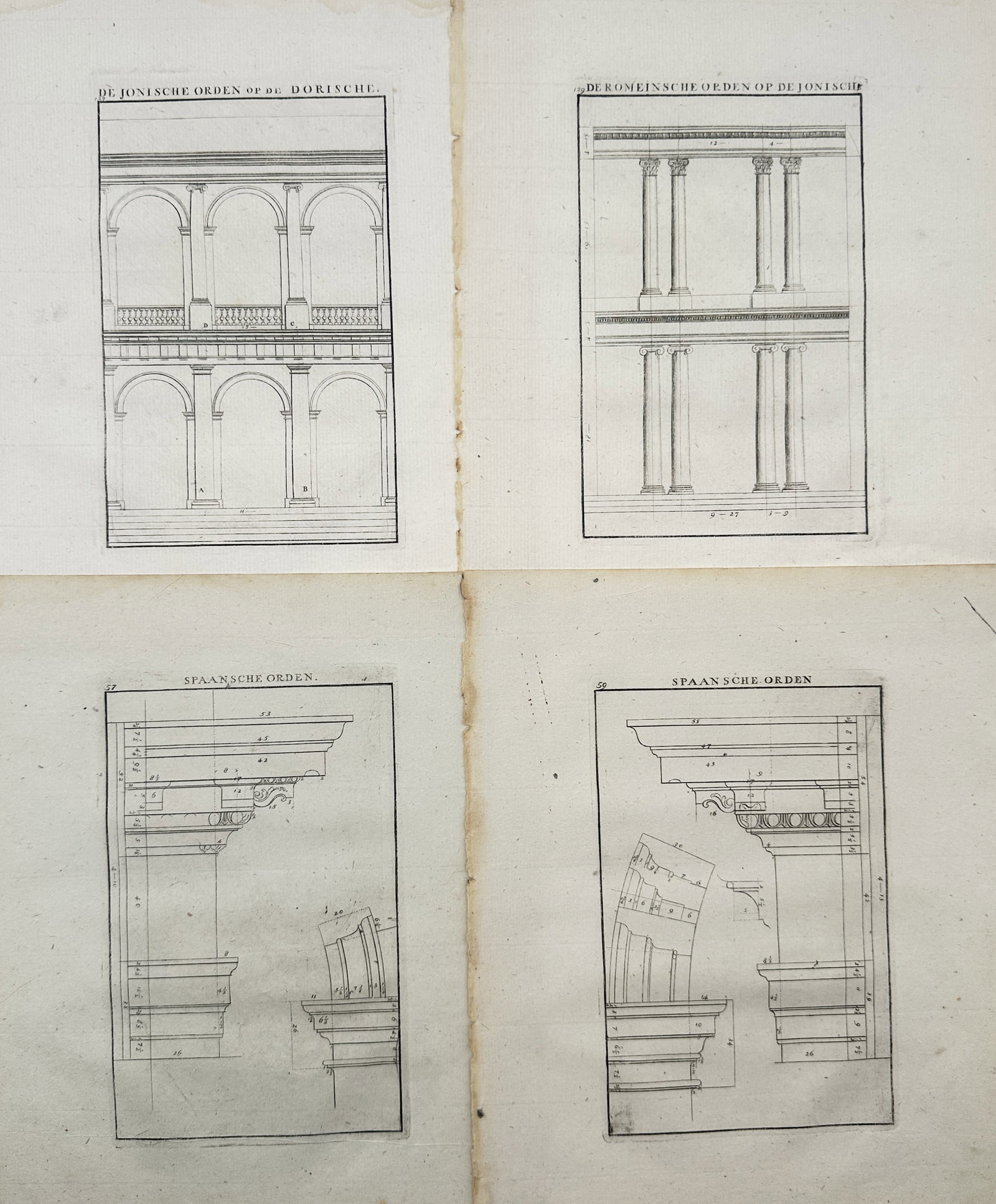 François Blondel – Set of 4: Classical Architectural Elevations of Superimposed Arcades: "Ionic Order upon the Doric, Roman Order upon the Ionic, and Spanish Orders" presents a set of architectural studies illustrating multi-tiered arcaded facades, paired columnar elevations, and detailed