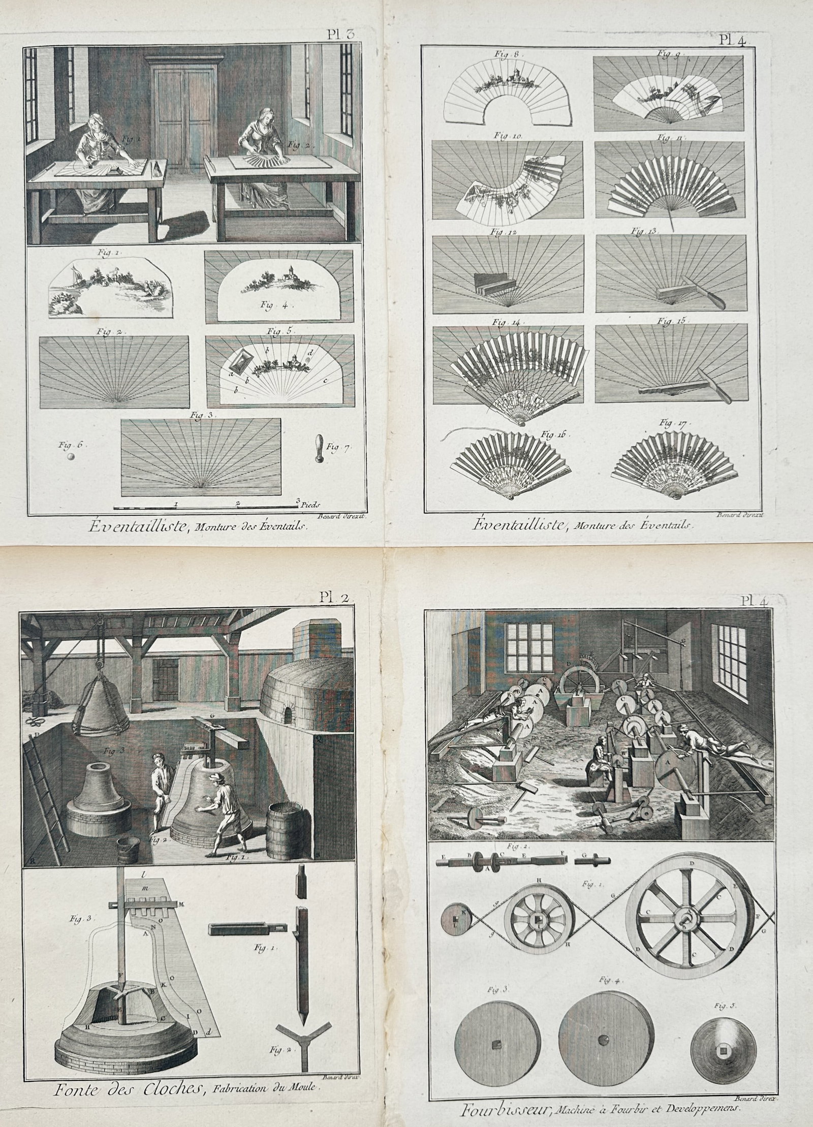 Robert Bénard – Set of 4: Trades and Crafts of Fan Making, Bell Founding – Engravings (1 of 2)