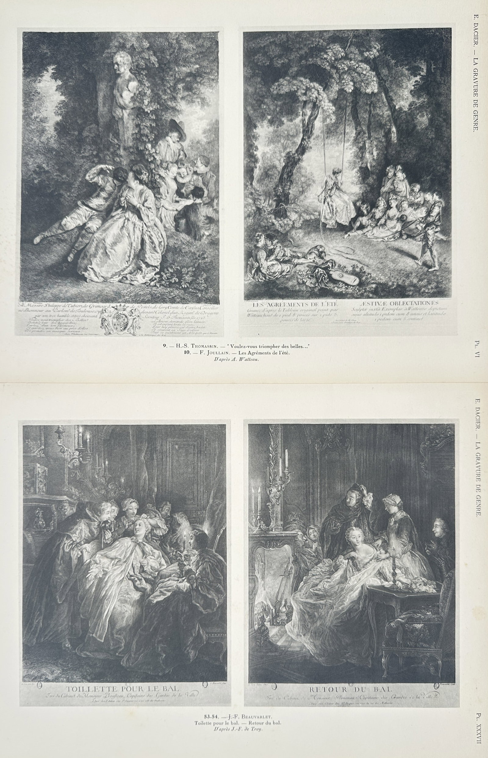 Émile Dacier,after – Set of 2: Eighteenth-Century French Rococo Genre – Offset lithographs: "Engraving in France in the 18th Century: Genre and Lifestyle Engraving" presents a set of art history plates illustrating eighteenth-century French Rococo pastoral festivities, garden pastimes, ball 