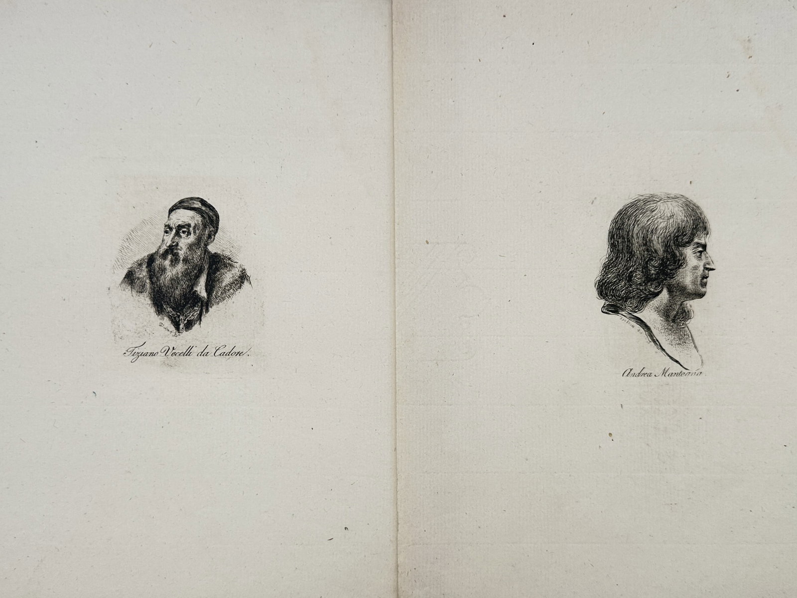 Dominique Vivant Denon – Set of 2: Portrait Studies of Titian and Andrea Mantegna – Etchings: "Titian and Andrea Mantegna" presents a set of portrait studies illustrating celebrated Italian Renaissance masters in expressive bust-length profiles and frontal arrangements. The compositions demons