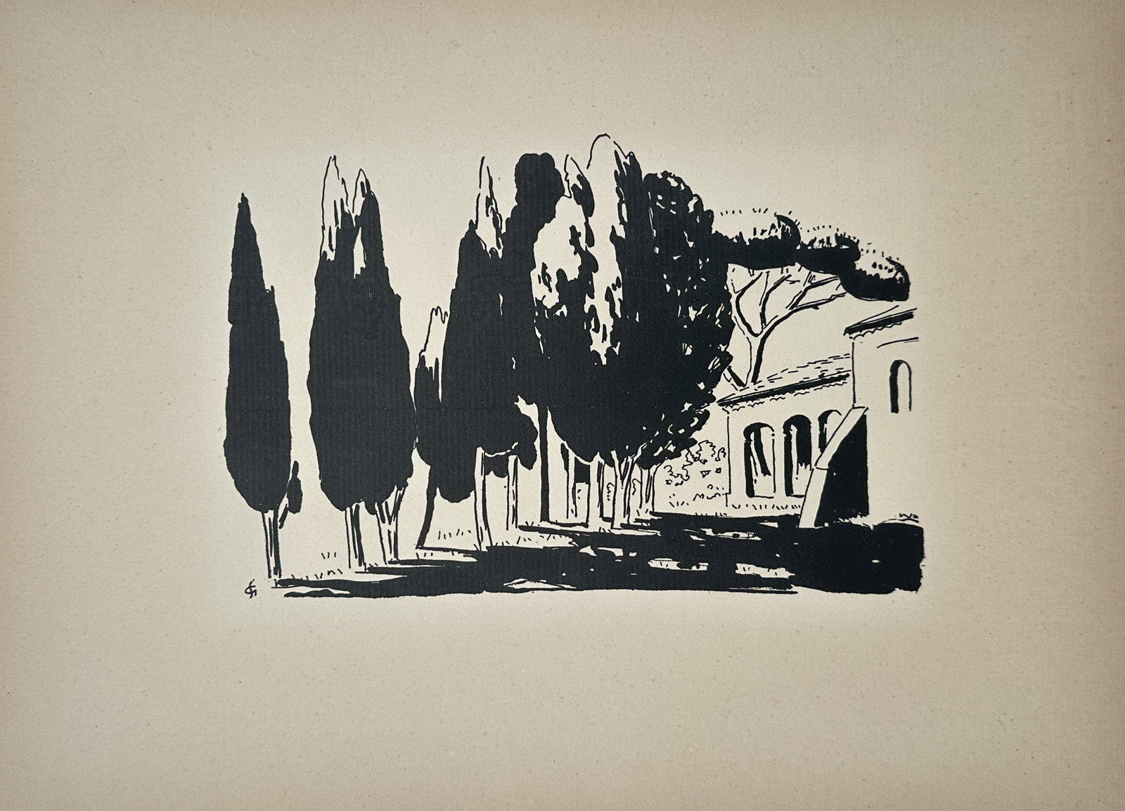 Gaston Stéphane – Cypress Trees and Mediterranean Villa – Woodcut (20th Century) (1 of 2)