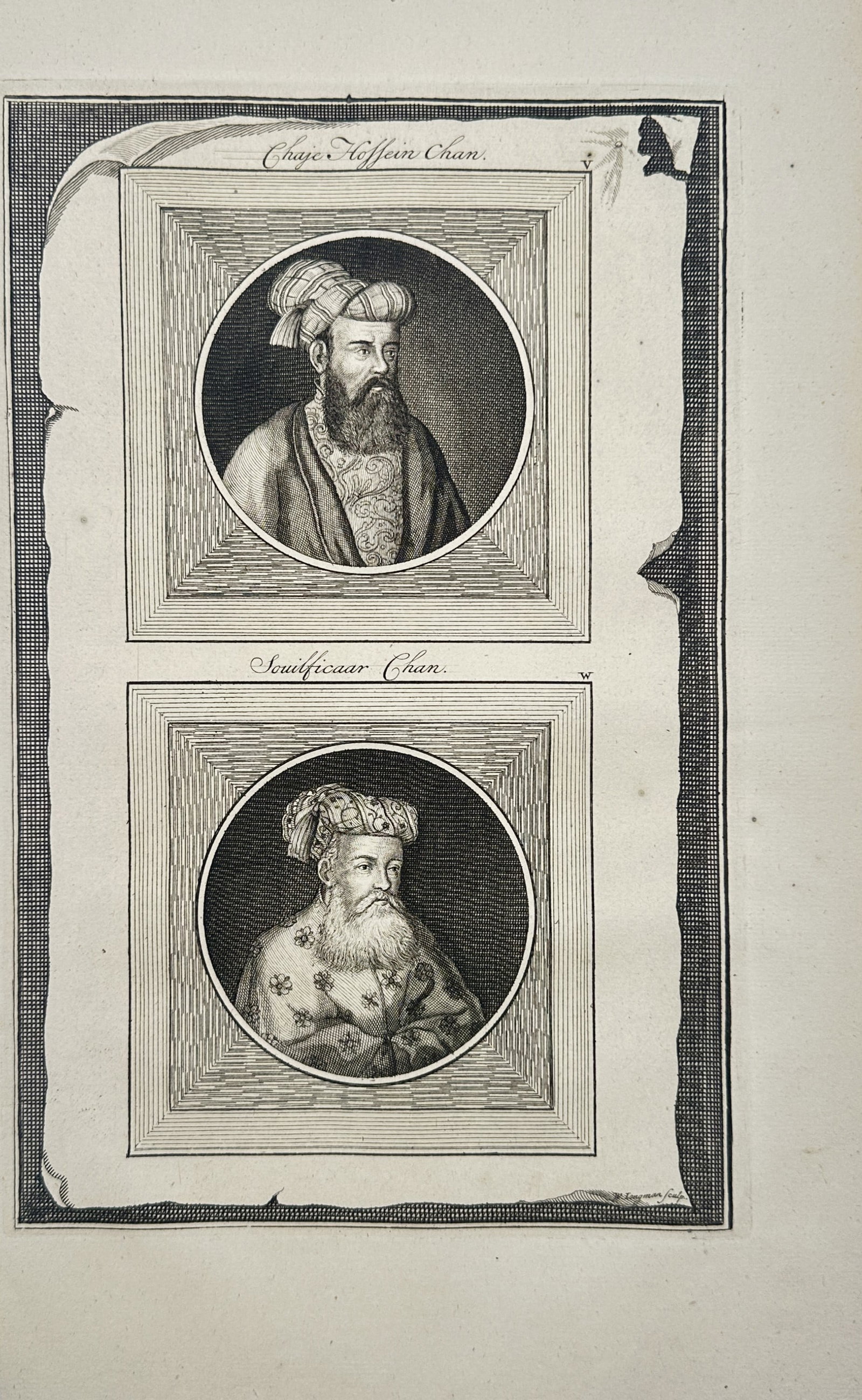 François Valentijn – Portraits of Khwaja Hossein Khan and Zulfiqar Khan – Engraving (18th: "Portraits of Khwaja Hossein Khan and Zulfiqar Khan" depicts two oval medallion portraits of Mughal dignitaries wearing traditional turbans and robes set within decorative square frames. The artwork s