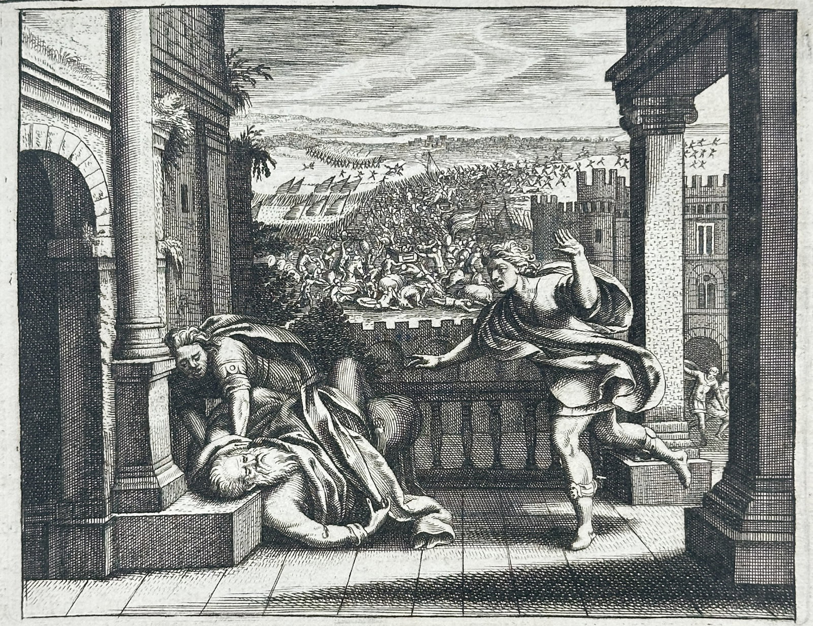 Nicolas Fontaine – Punishment of Eli – Engraving (17th Century): "Punishment of Eli" depicts the high priest Eli falling backward from his seat upon receiving news of the death of his sons and the capture of the Ark of the Covenant, with a distant battle scene visi