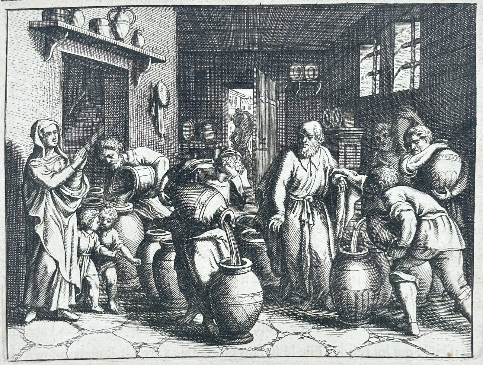 Nicolas Fontaine – Miracle of Elisha – Engraving (17th Century): "Miracle of Elisha" depicts the prophet Elisha observing a widow and her sons filling numerous jars with oil that miraculously multiplies to pay her debts. The artwork serves as a biblical narrative i