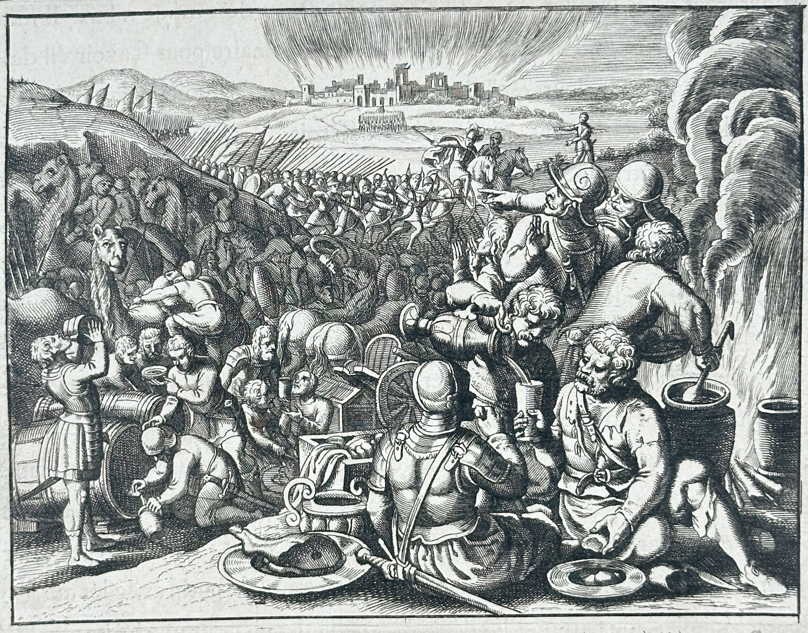 Nicolas Fontaine – The Amalekite Raiders of Ziklag – Engraving (17th Century): "The Amalekite Raiders of Ziklag" depicts the Amalekites feasting and celebrating amidst their plunder before being surprised and defeated by David and his men, with the burning city of Ziklag visible