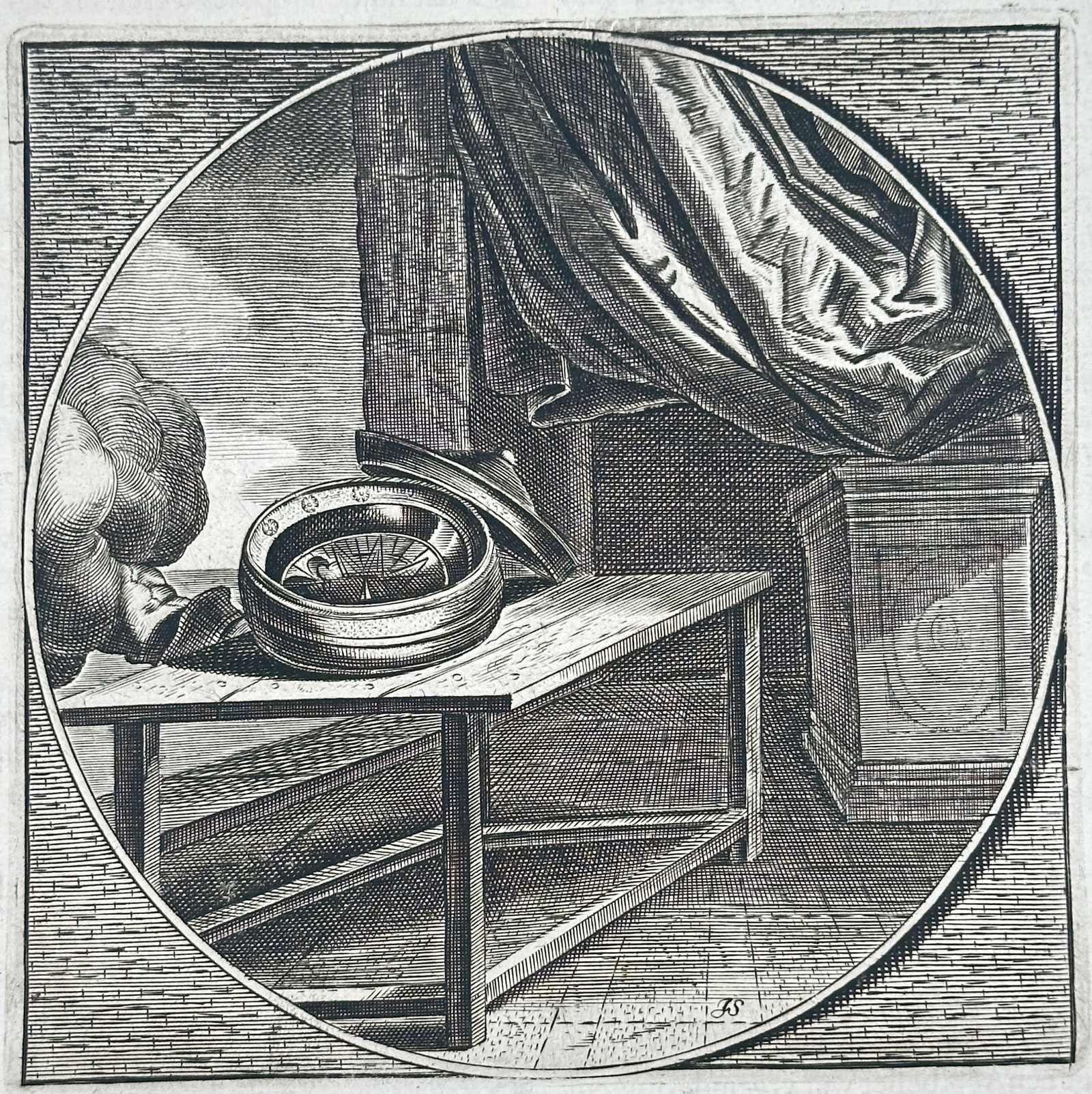 Jacob Cats – Compass on a Table – Engraving (17th Century) (1 of 3)