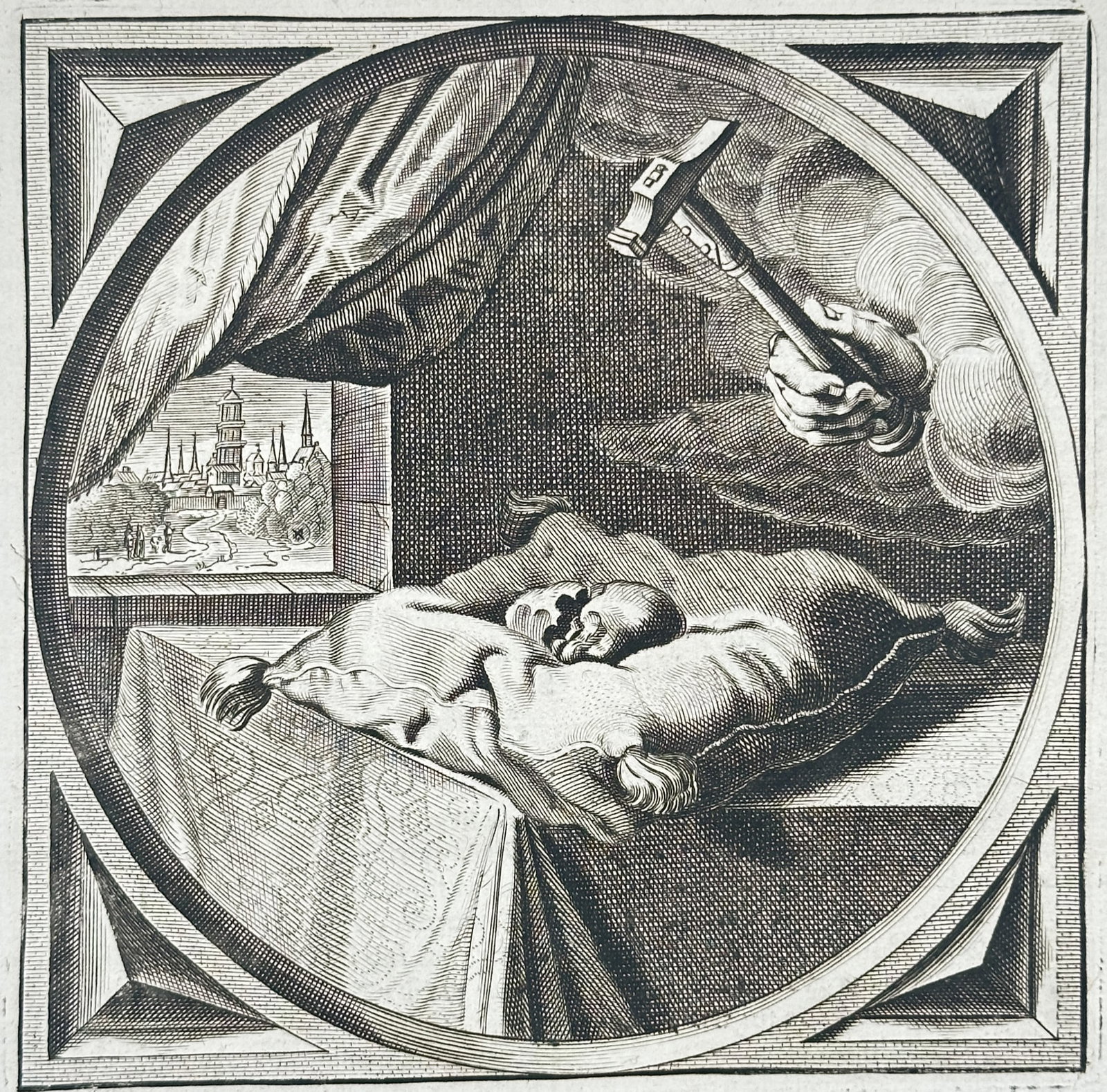 Jacob Cats – Infant on a Cushion and a Hand Holding a Mallet – Engraving (17th Century) (1 of 3)
