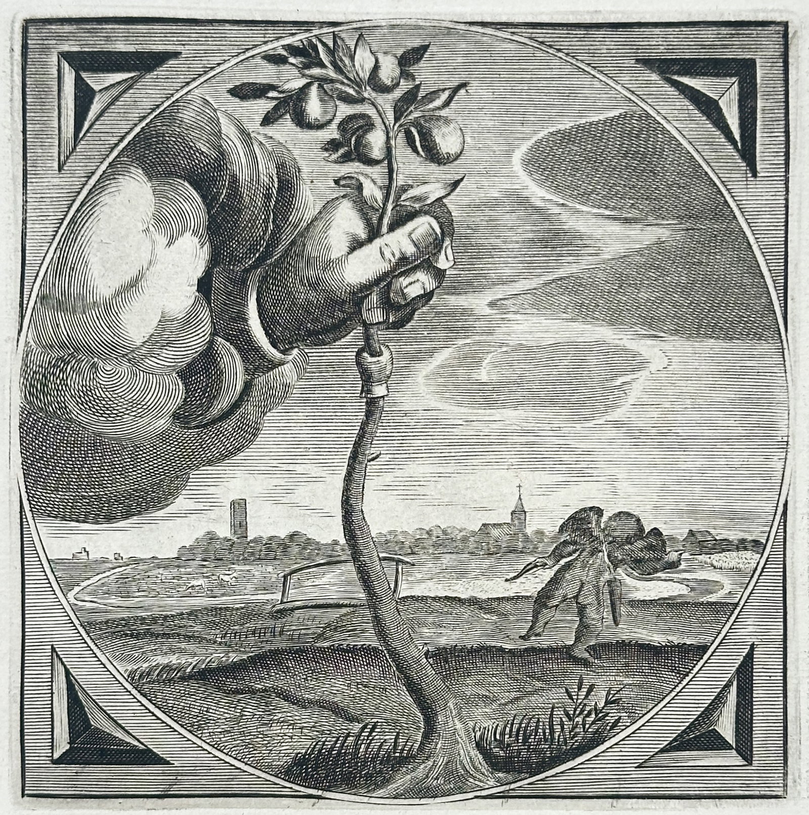 Jacob Cats – Grafting a Fruit Branch – Engraving (17th Century): "Haste Is No Speed" depicts a hand emerging from a cloud to graft a fruit-bearing branch onto a young tree stem above a landscape. The artwork serves as an emblematic illustration conveying moral and 