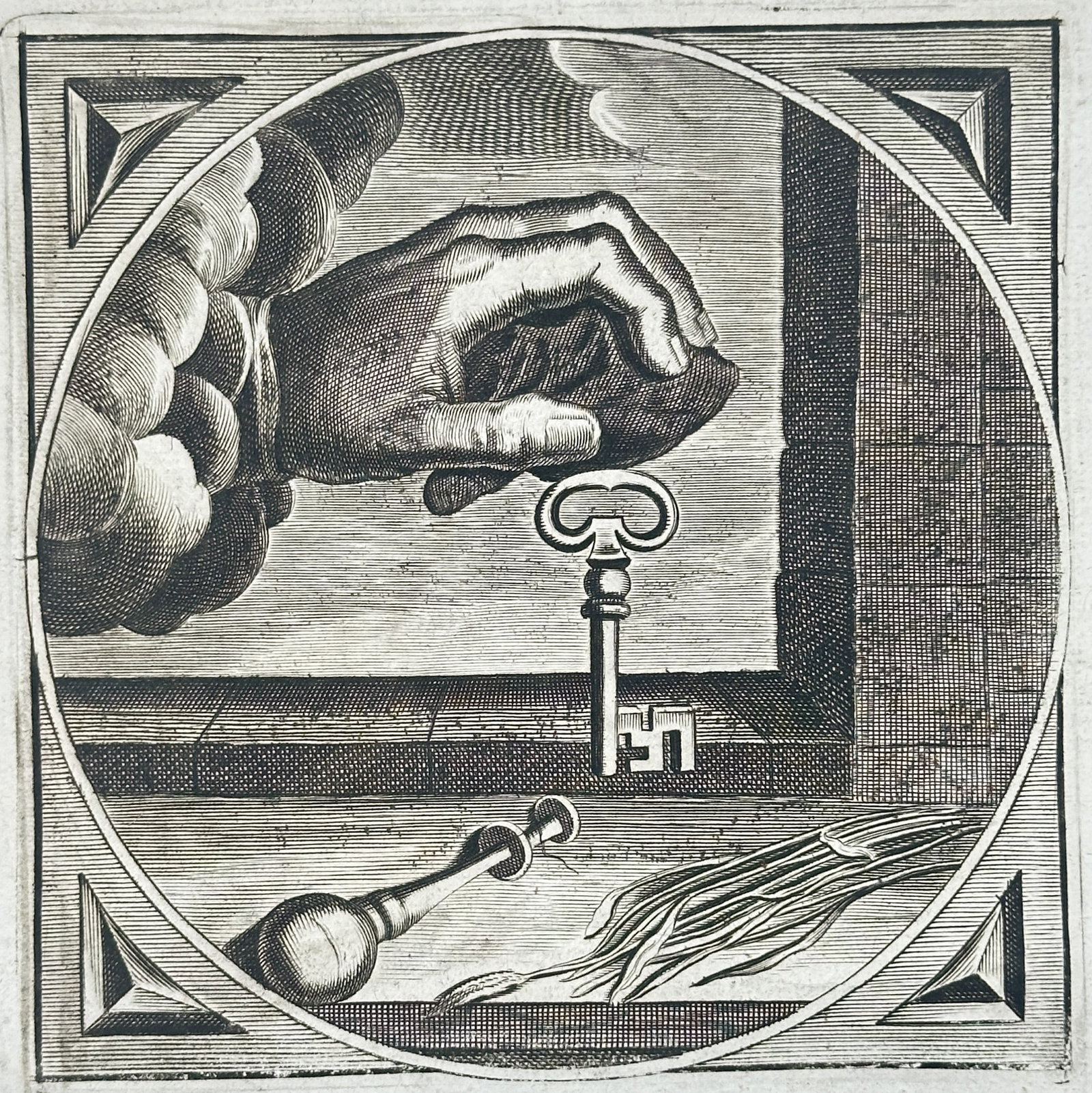 Jacob Cats – Hand Holding a Lodestone with a Key and Straw – Engraving (17th Century): "What Is Heavy Delights" depicts a hand emerging from clouds holding a lodestone above an upright iron key, a metal weight, and a bundle of straw on a ledge. The artwork serves as an emblematic illust
