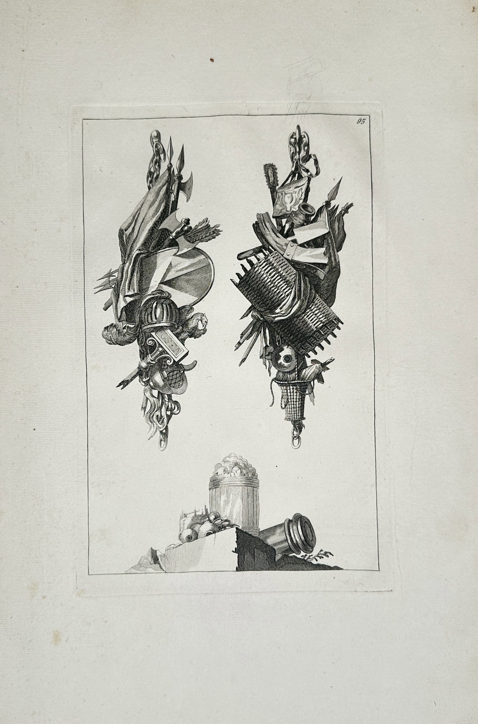 Jean-Charles Delafosse – Decorative Trophies with Armor and Tools – Engraving (18th Century): "Decorative Trophies with Armor and Tools" depicts hanging ornamental trophies composed of military armor, weapons, woven baskets, and tools above a pedestal motif. The artwork serves as an architectu
