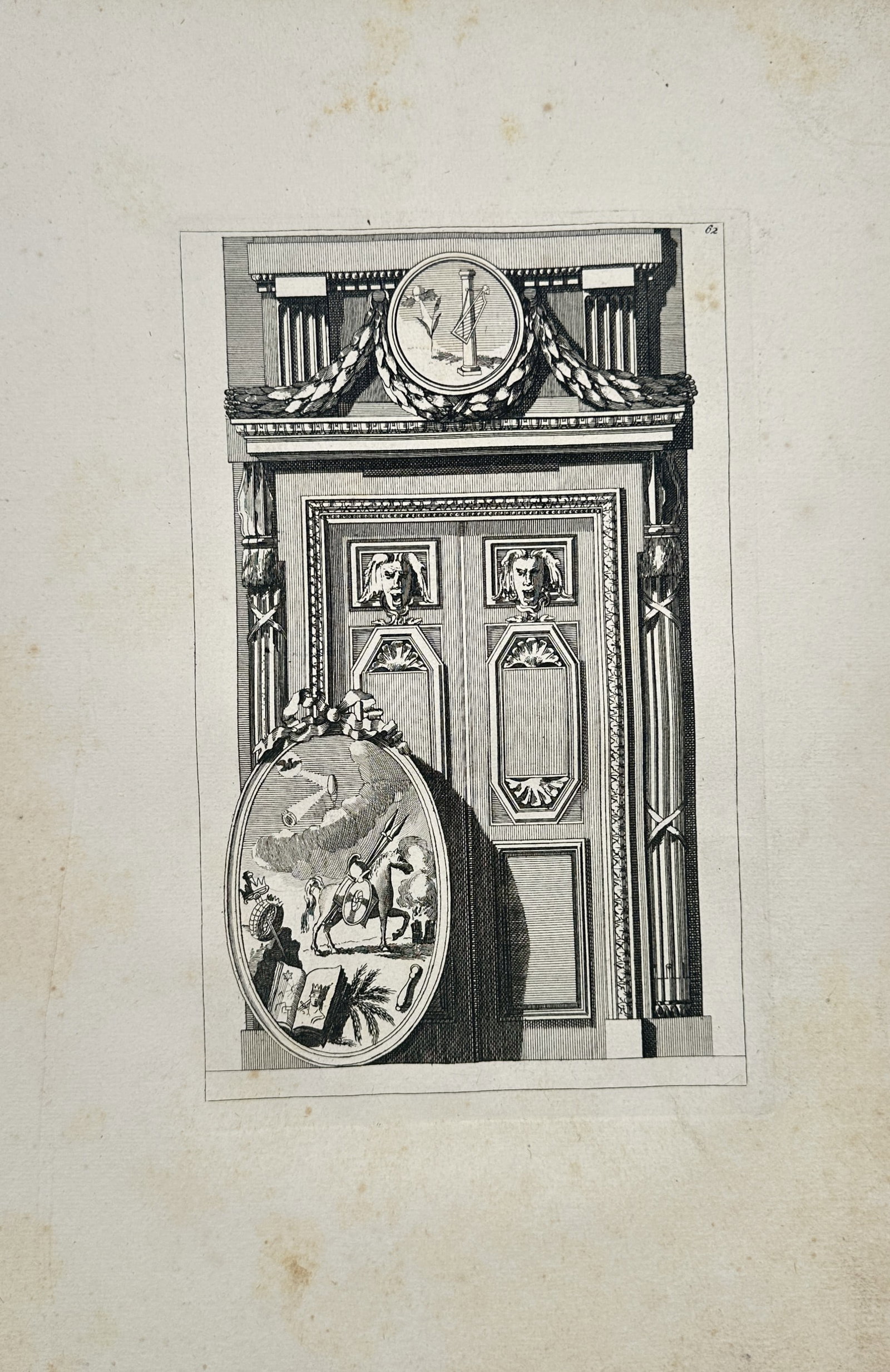 Jean-Charles Delafosse – Neoclassical Doorway Design with Medallions – Engraving (18th Century): "Neoclassical Doorway Design with Medallions" depicts an ornate classical doorway with relief panels, garland-draped entablature, and circular and oval allegorical medallions set within the architectu