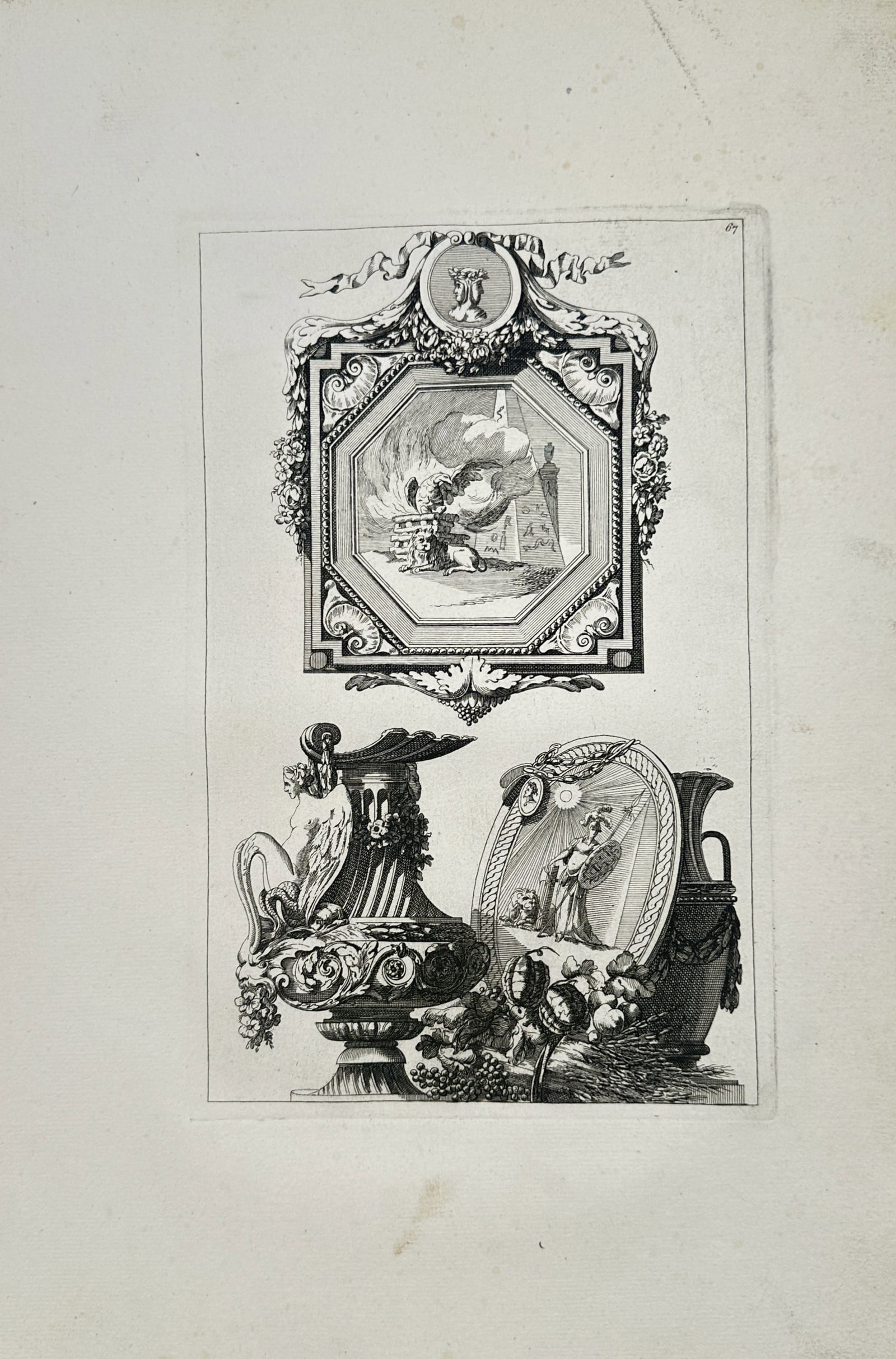Jean-Charles Delafosse – Ornamental Frame and Classical Vases – Engraving (18th Century): "Ornamental Frame and Classical Vases" depicts an ornate framed relief panel above decorative classical vases adorned with floral swags and an allegorical medallion motif. The artwork serves as an arc