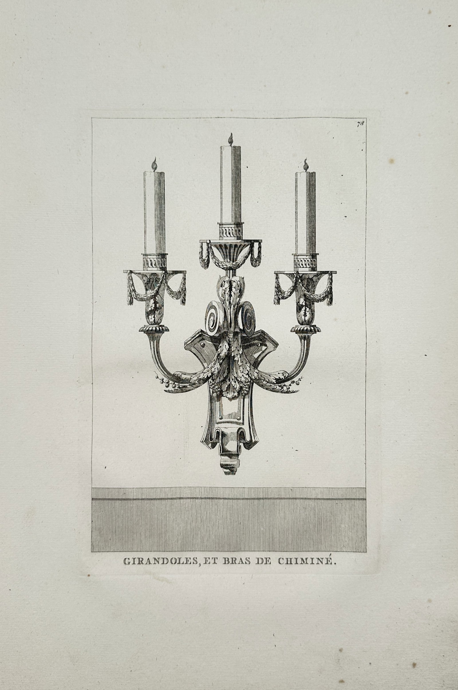 Jean-Charles Delafosse – Girandoles and Chimney Wall Light – Engraving (18th Century): "Girandoles and Chimney Wall Light" depicts an ornate three-light Neoclassical wall sconce adorned with decorative swags, scrolling acanthus leaf motifs, and lit candles. The artwork serves as an arch