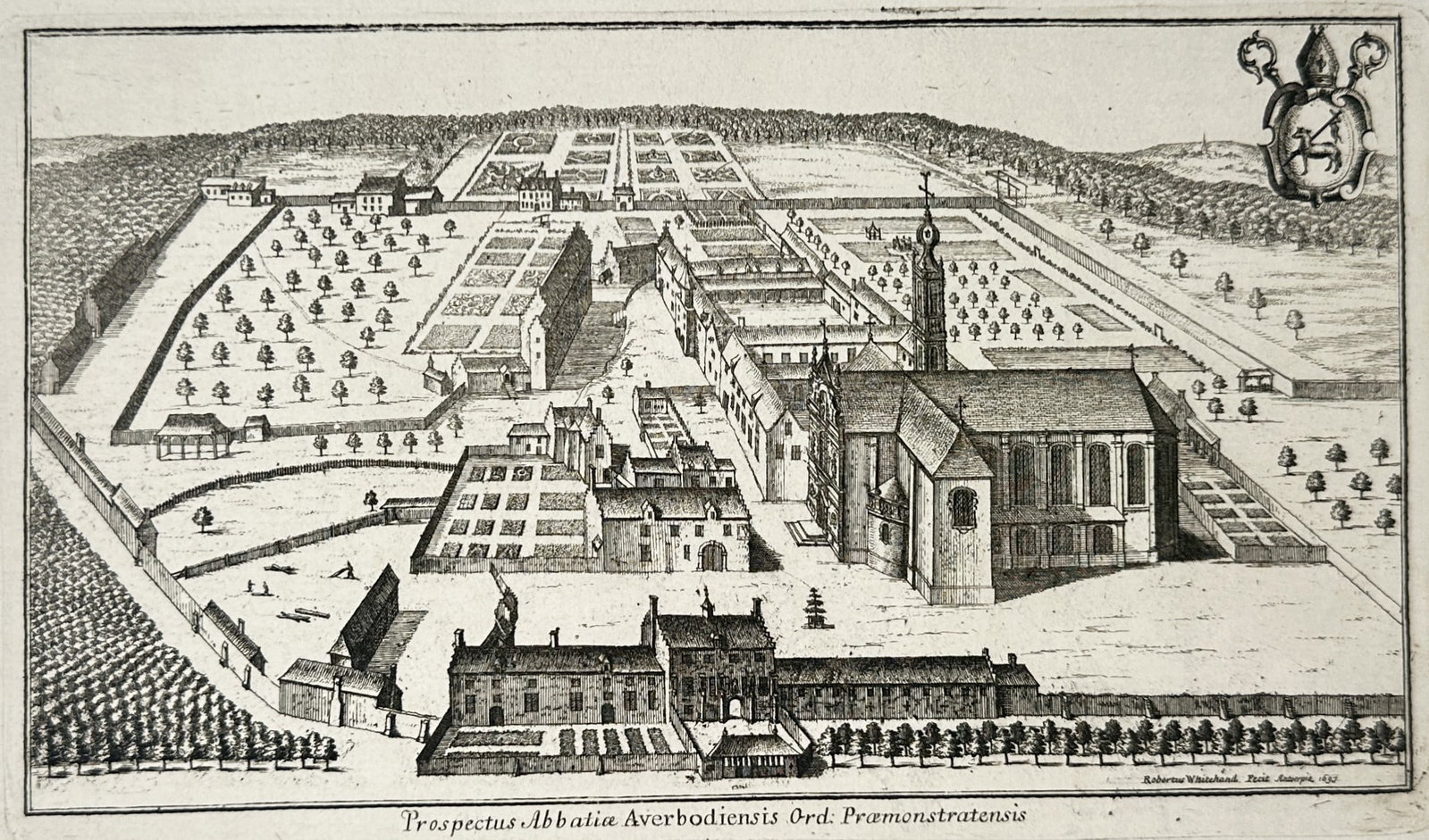 Jacques Le Roy – View of Averbode Abbey – Engraving (1705): "View of Averbode Abbey" depicts an elevated bird's-eye view of Averbode Abbey featuring its church, monastic buildings, courtyard gardens, and surrounding orchards accompanied by a coat of arms. The 