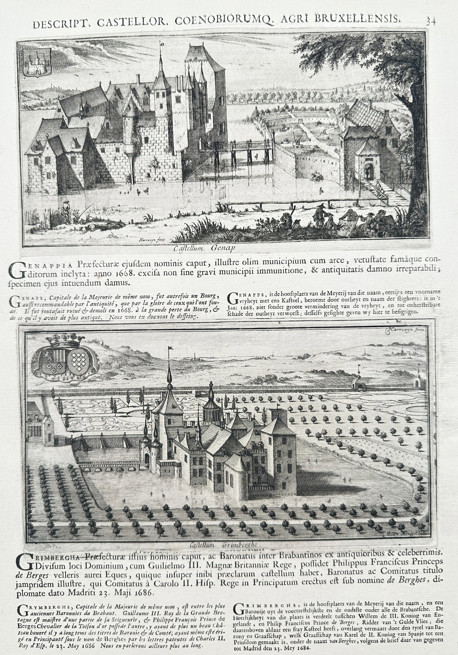 Jacques Le Roy – Views of Genappe Castle and Grimbergen Castle – Engraving (1705) (1 of 3)